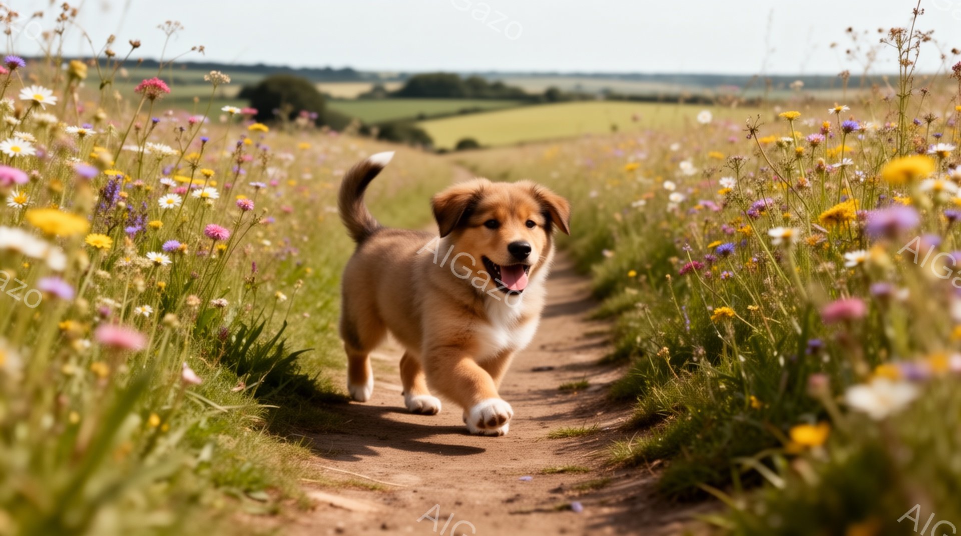 広大な花畑の中を、嬉しそうに駆け抜ける子犬が写っている。鮮やかな野花に囲まれ、背景には緑の田園風景が広がり、暖かい日差しが感じられる。この子はとても元気で、可愛らしい姿を見せている。