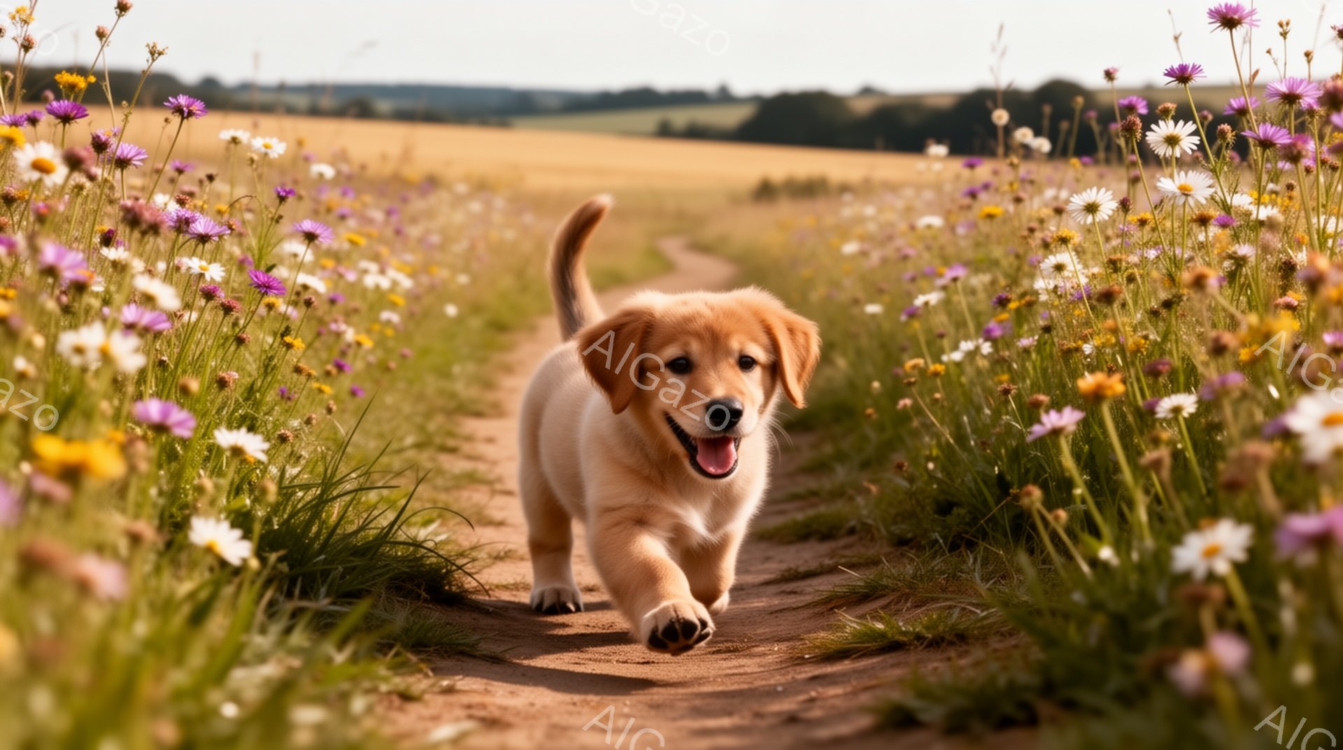 広々とした草原の小道で、クリーム色の毛並みの子犬が元気に駆けている。周りには色とりどりの野花が咲き乱れ、背景には緑の丘が広がっている。子犬の表情は楽しそうで、夏の日差しの中で幸福に満ちた雰囲気を感じさせる。