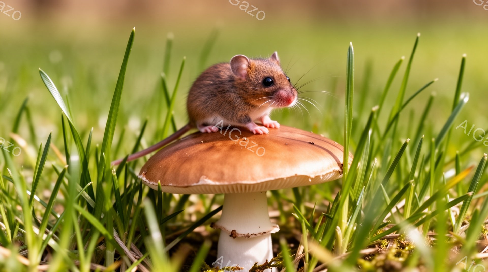 緑の草の上にあるキノコの帽子の上に、小さな茶色のネズミが立っている。ネズミは小さな鼻と丸い耳を持っており、前足でキノコを掴んでいるように見える。背景には緑の草が茂り、鮮やかな自然の雰囲気を感じさせる。