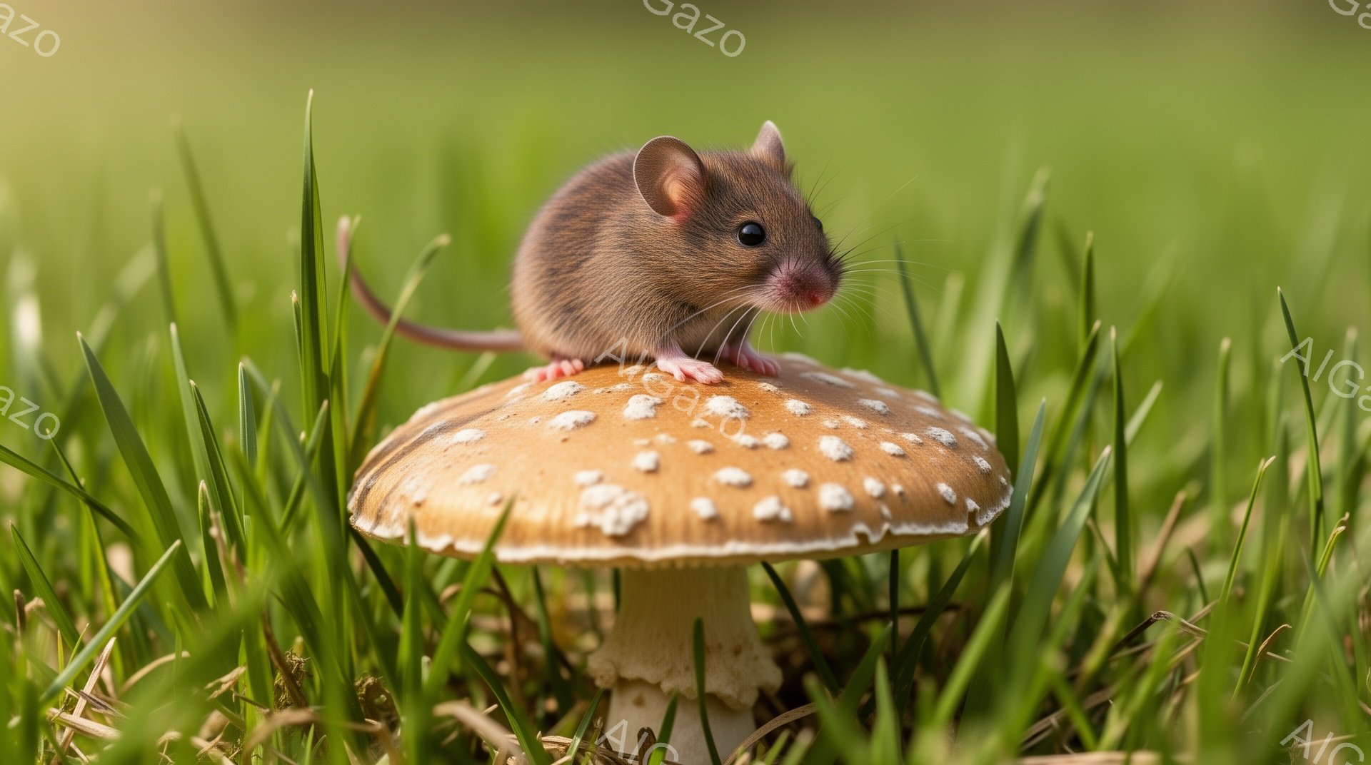緑の草むらの中に、赤い斑点のあるキノコの上に小さなネズミが立っています。ネズミはキノコを見つめ、小さな前足でキノコにつかまり、好奇心に満ちた表情をしています。背景は柔らかい緑色で、穏やかで自然な雰囲気 - AI生成フリー素材