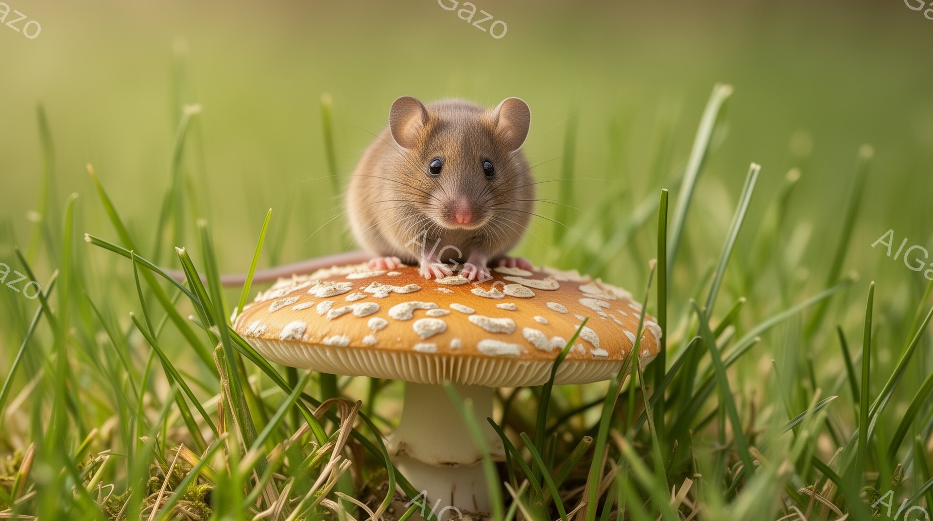 緑の草むらの中に、キノコの上に乗った可愛らしいネズミがいます。ネズミは前足をキノコに添え、少し上目遣いでこちらを見ています。背景は鮮やかな緑色で、穏やかで優しい雰囲気が漂っています。 - AI生成フリー素材