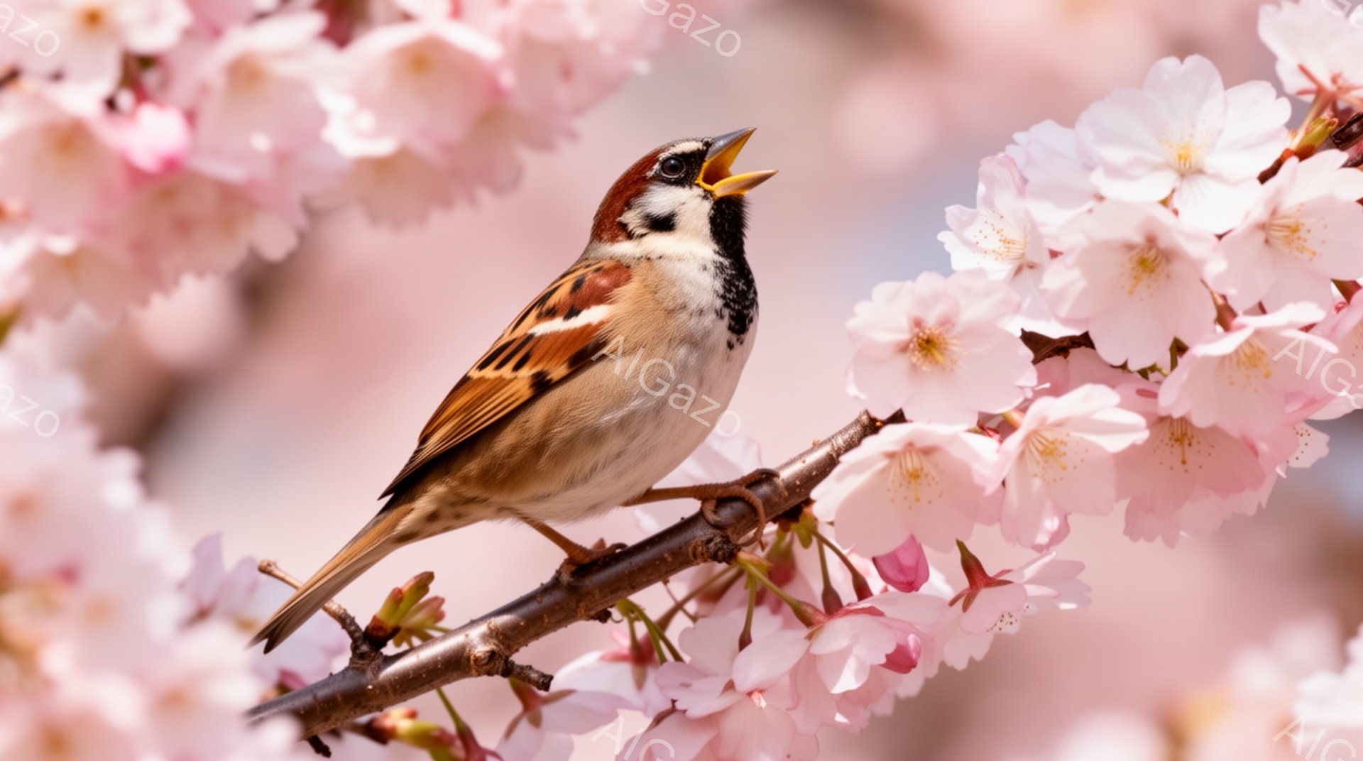 桜の枝にとまっているスズメが、口を開けてさえずっている。ピンク色の桜の花々とスズメの茶色の体が鮮やかなコントラストをなしている。春の暖かく穏やかな雰囲気が伝わってくる。