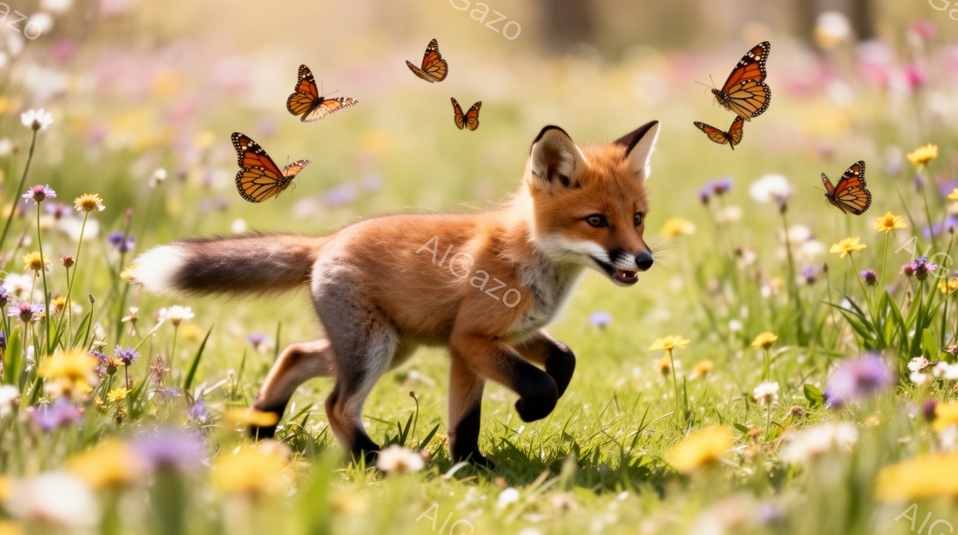 鮮やかな野原を子ギツネが駆け抜けている。周りには色とりどりの花が咲き乱れ、蝶が舞っている。春らしい暖かく優しい雰囲気の写真だ。 - AI生成フリー素材