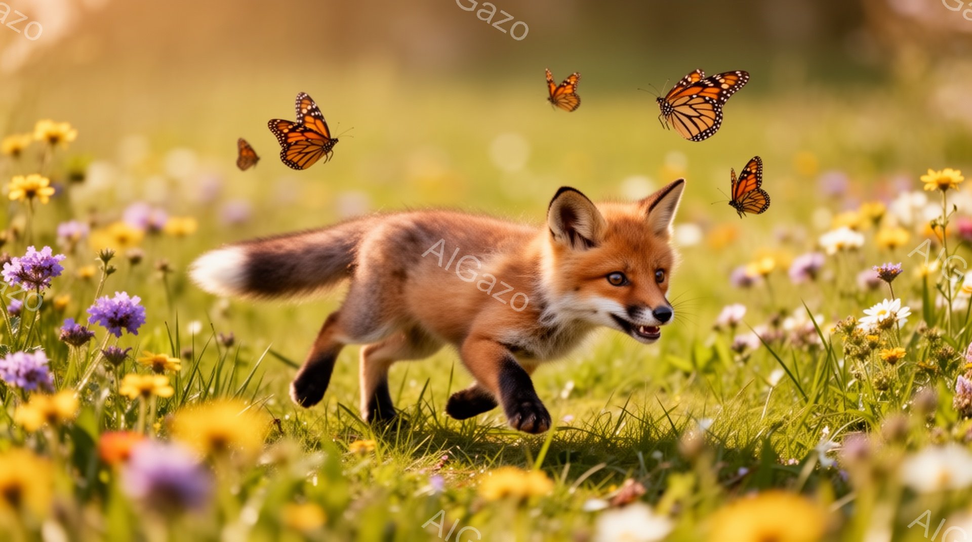 明るい日差しが差し込む草原で、子ぎつねが駆け抜けています。周囲には黄色や紫の花が咲き乱れ、空にはいくつかの蝶が舞い、生命力に満ちた穏やかな光景です。子ぎつねは嬉しそうに前を見つめ、楽しんでいる様子が伝 - AI生成フリー素材