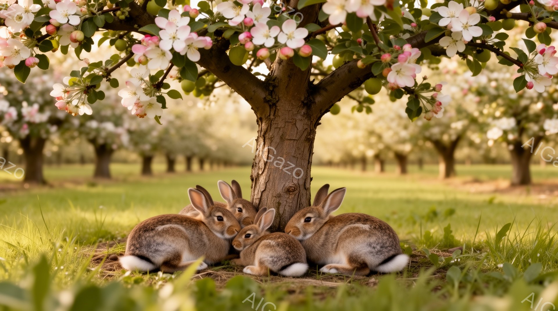 春の穏やかな日差しの中で、数匹のウサギが木の根元で寄り添っています。背景には、桜のような白い花を咲かせた木々が並び、柔らかい光が降り注いでいます。平和で可愛らしい光景が広がっています。