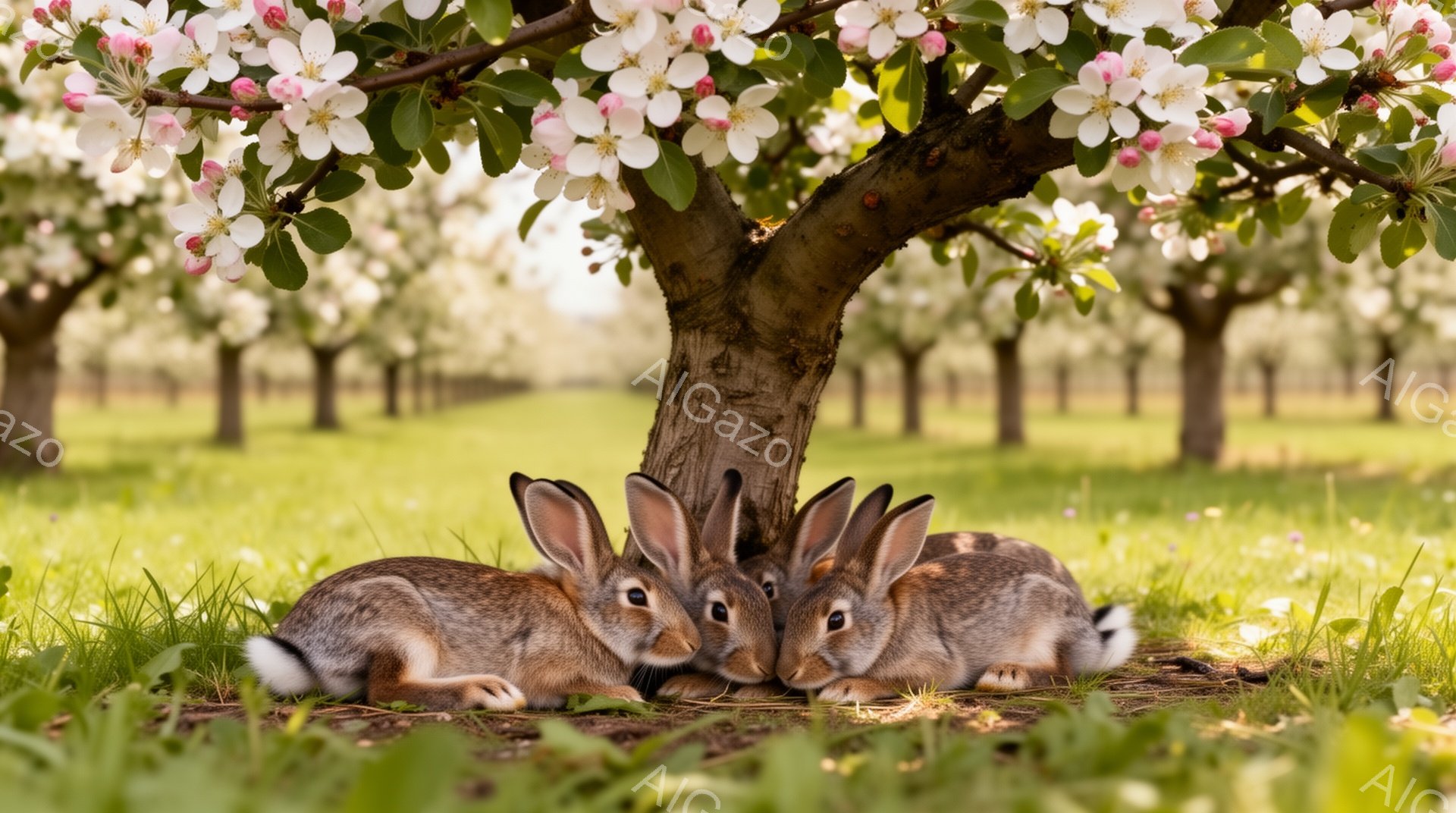 鮮やかな緑の草の上に、３匹のウサギが寄り添って座っている。背景には、満開の桜の木が並び、春の暖かな日差しが降り注いでいる。穏やかで平和な雰囲気の風景だ。 - AI生成フリー素材