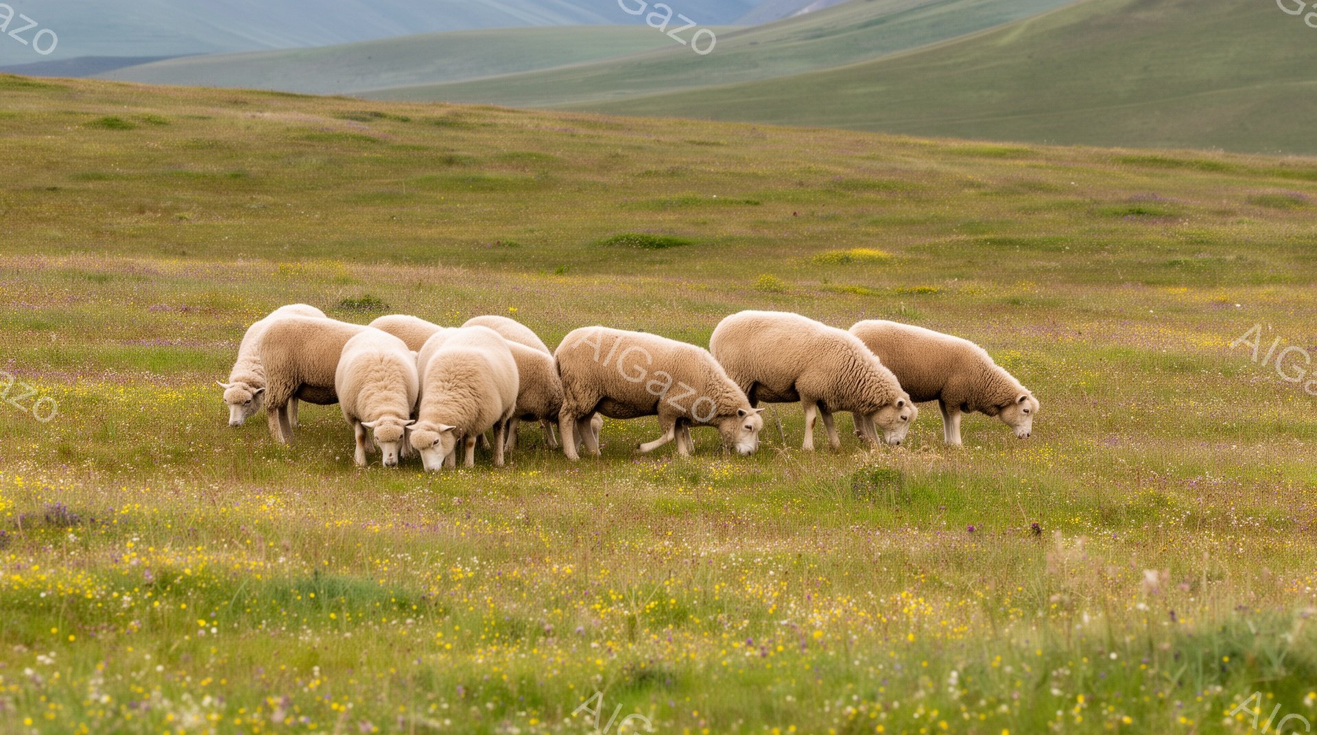 緑豊かな草原で、ヒツジの群れが草を食んでいます。ヒツジたちは白い毛並みを持ち、穏やかな雰囲気の中で自然を楽しんでいる様子が伺えます。遠景にはなだらかな丘が広がり、平和な田園風景が広がっています。