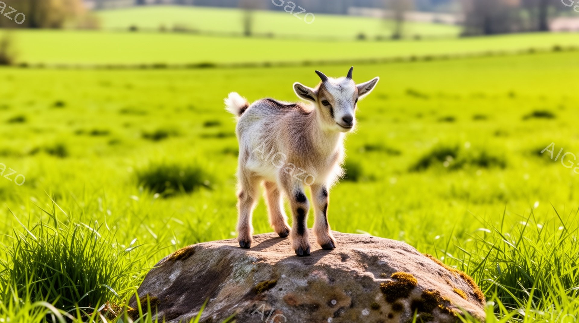 緑の草地の上に、小さな山羊が岩の上に立っています。明るい日差しが当たり、周囲は穏やかな雰囲気です。山羊は前方をまっすぐ見つめ、活発で好奇心旺盛な様子が伺えます。