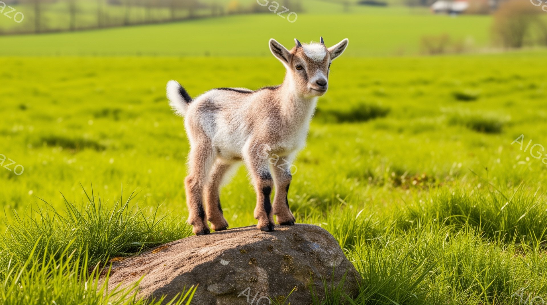 小さなヤギが岩の上に立っています。周りには緑の草が生い茂り、背景には緑の丘が見えます。晴れた日の穏やかな田園風景で、ヤギは好奇心旺盛な表情でこちらを見ています。