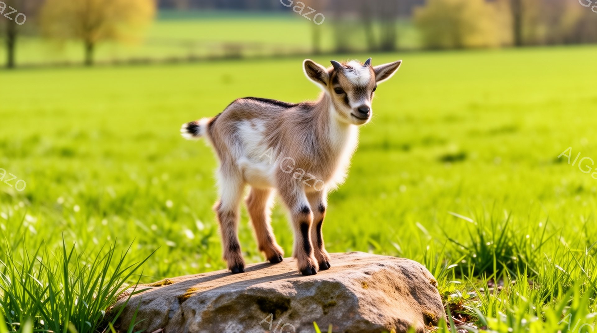 緑の草原の上に、茶色と白のヤギの子が岩の上に立っている。ヤギの子は好奇心旺盛そうにカメラの方を見ている。背景は鮮やかな緑で、春の穏やかな一日が感じられる。