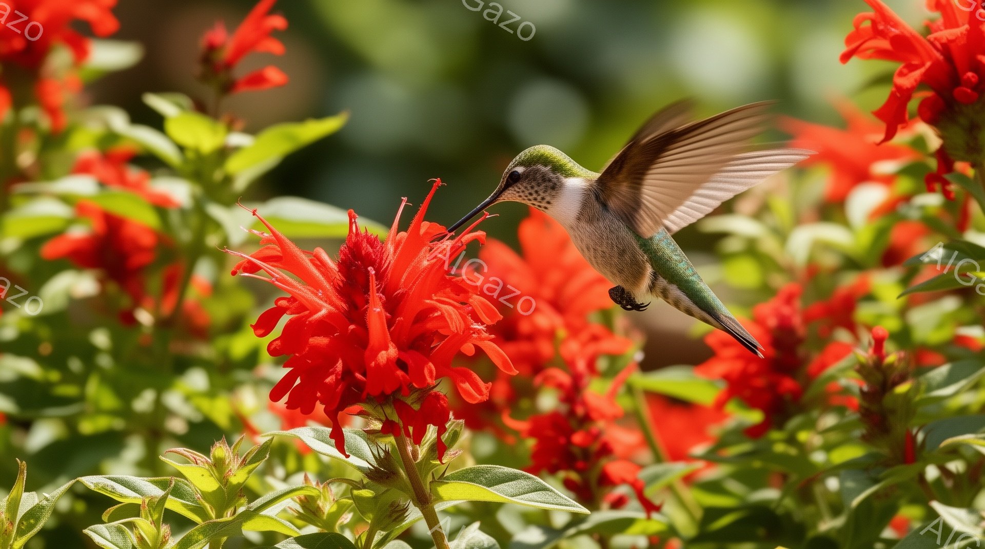 赤い花の上でハチドリが蜜を吸っています。緑色の羽と明るい色彩が鮮やかで、背景の緑葉とのコントラストが美しいです。花壇には鮮やかな赤い花が咲き乱れ、夏の太陽の下で活気にあふれています。 - AI生成フリー素材