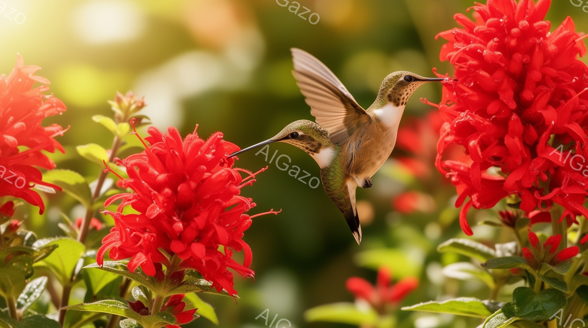 鮮やかな赤い花の中で、ハチドリが蜜を吸っています。羽はぼやけており、動きの速さを表現しています。背景は緑豊かで、夏の暖かい日差しが感じられます。 - AI生成フリー素材