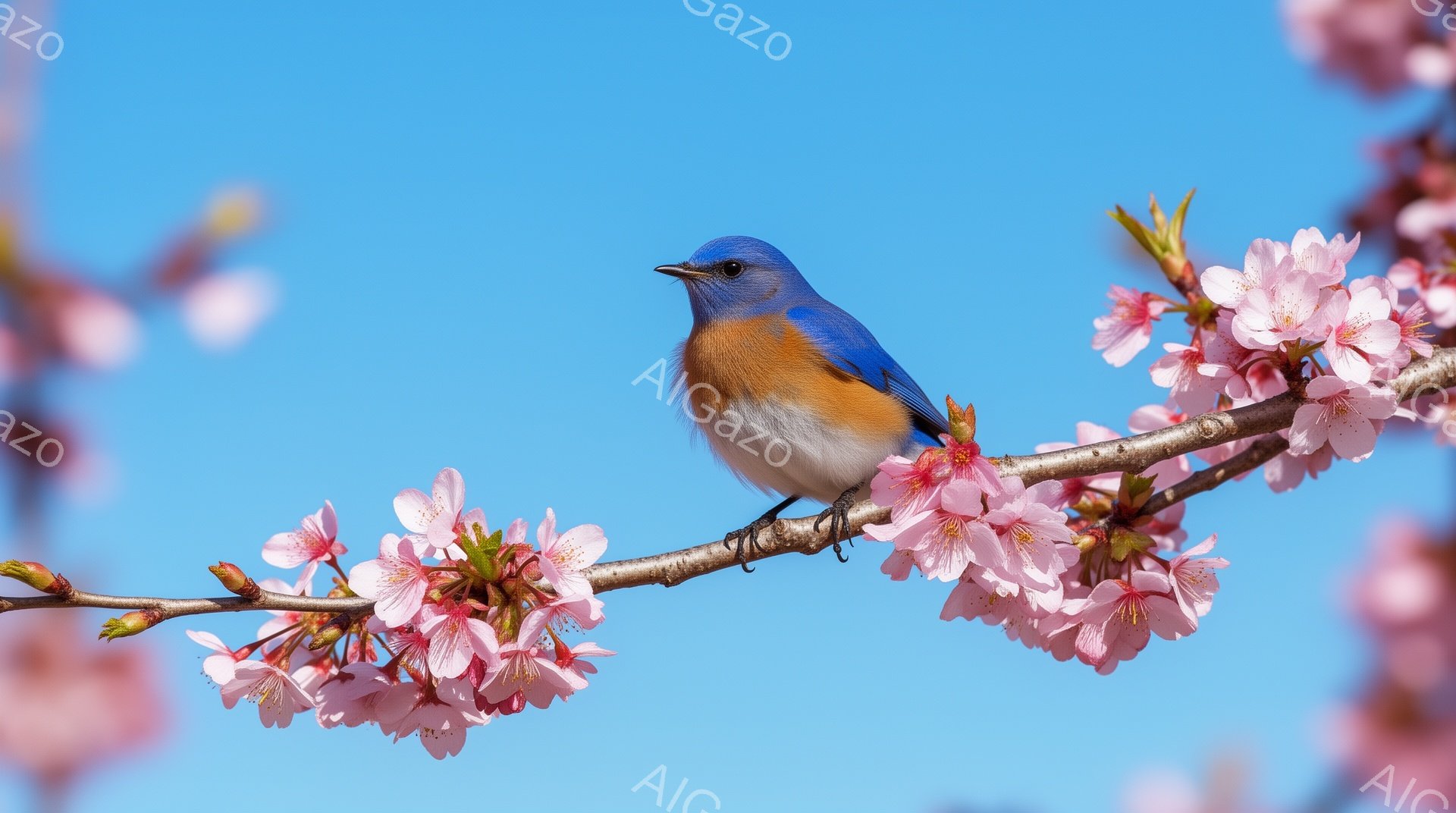 桜の枝にとまっている一羽の青い鳥が印象的な風景です。鳥は鮮やかな青色で、背景の淡いピンク色の桜と美しく対比されています。空は晴れ渡り、穏やかで平和な雰囲気を醸し出しています。 - AI生成フリー素材
