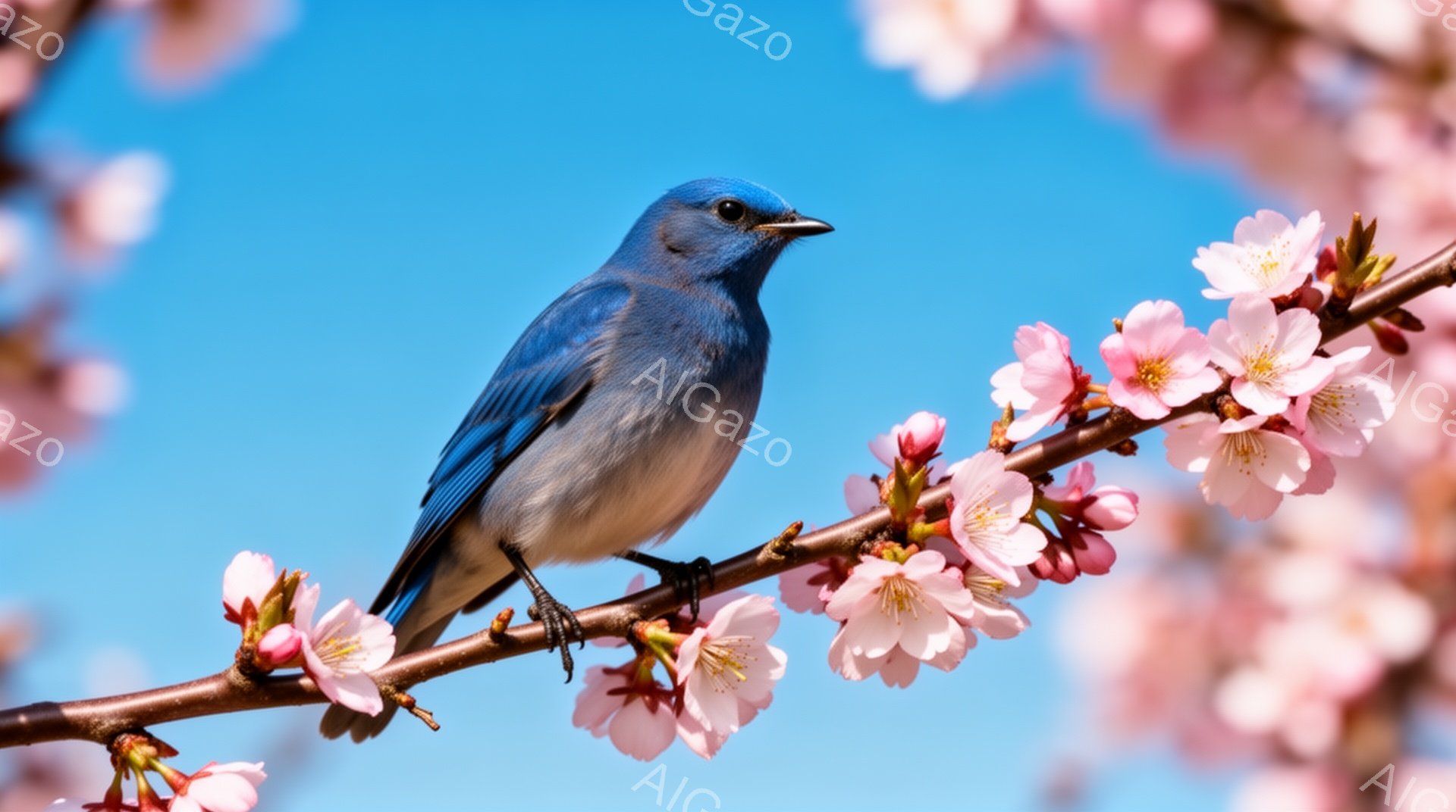 青い鳥が桜の枝にとまっている。鮮やかな青色の羽が美しい。背景は青空で、春らしい穏やかな雰囲気が漂っている。 - AI生成フリー素材