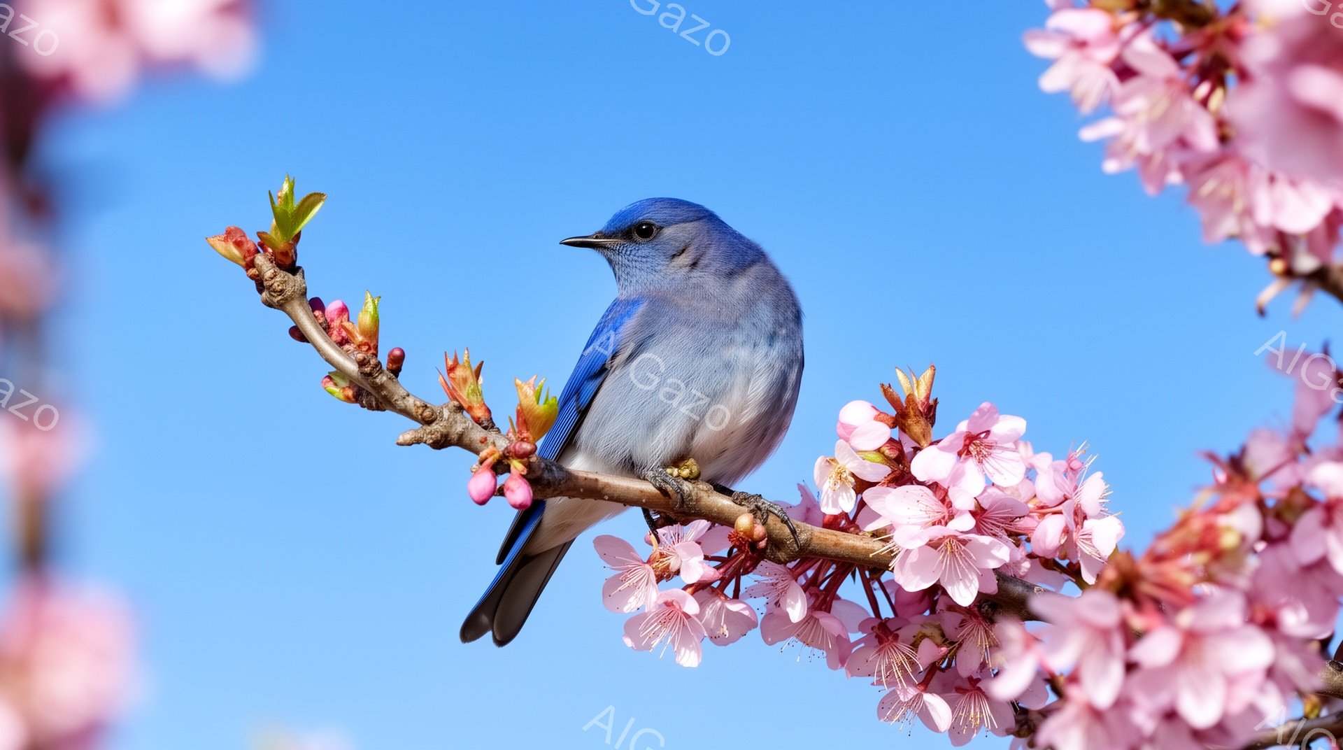 鮮やかな青色の小鳥が、満開の桜の枝にとまっている。背景は澄み切った青空で、春の暖かな日差しを感じさせる。桜の花びらと小鳥のコントラストが美しく、穏やかな雰囲気を醸し出している。 - AI生成フリー素材