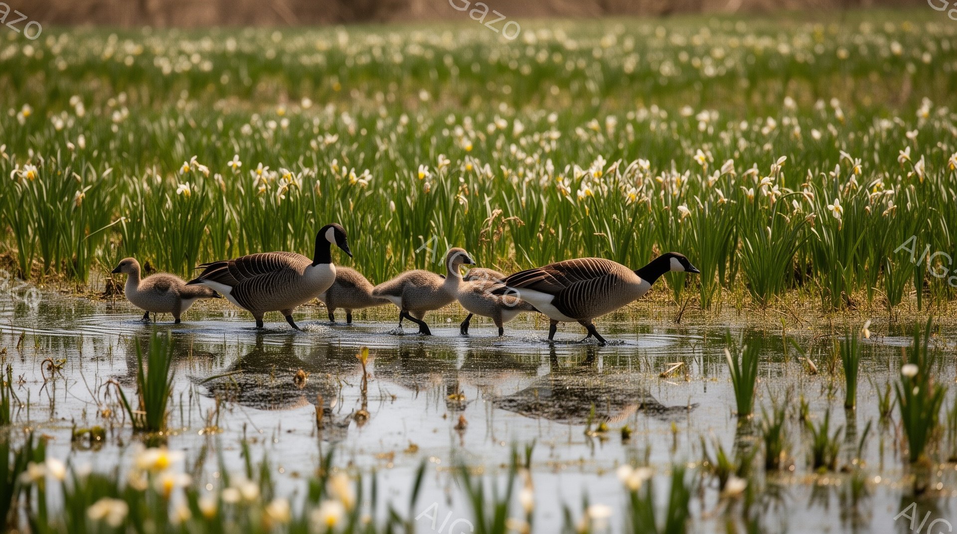 カナダガンが黄色い花に覆われた湿地帯を歩いている。親ガチョウは子ガチョウたちを先導し、水面に反射が映り込んでいる。明るい日差しと穏やかな水面が春の訪れを感じさせる。 - AI生成フリー素材