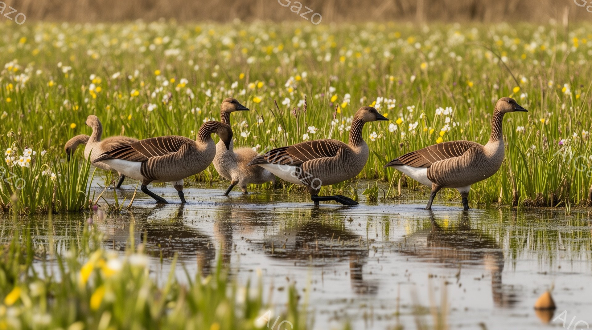 明るい日差しの下、水辺の草むらの中を4羽のハクガンが歩いている。鳥たちは穏やかな表情で、水面を歩き、周囲の黄色い花々と鮮やかなコントラストを描いている。水面に映る姿が、のどかな風景に静寂と優雅さを添え - AI生成フリー素材