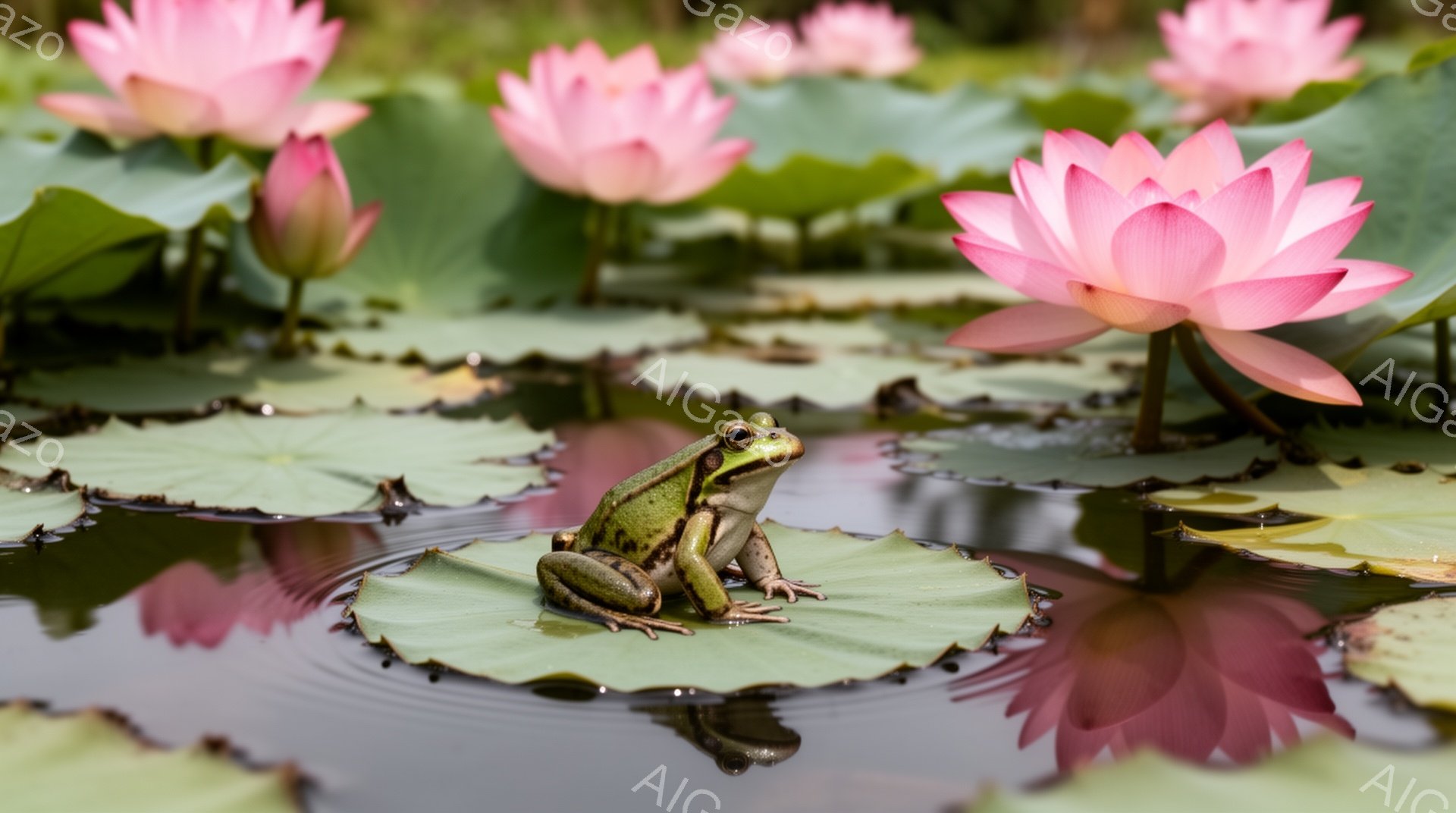 蓮の葉の上にカエルの緑色の姿が目に留まる。周りにはピンク色の蓮の花が咲き乱れ、水面にはその美しい反射が見られる。静かで穏やかな夏の日の光景で、自然の美しさが際立っている。 - AI生成フリー素材