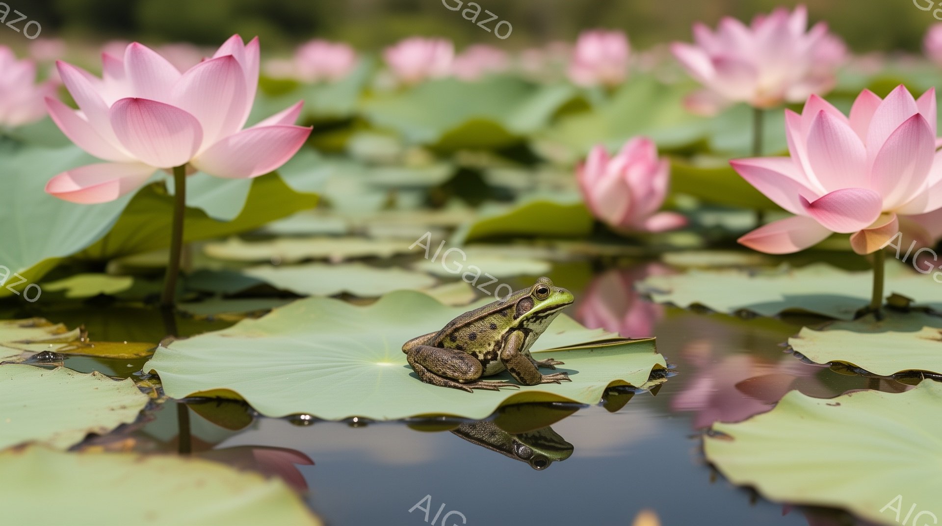 蓮の葉の上にカエルが座っている。周囲にはピンク色の蓮の花が咲き乱れ、水面にはその花びらが反射している。穏やかで静かな雰囲気の自然の風景である。