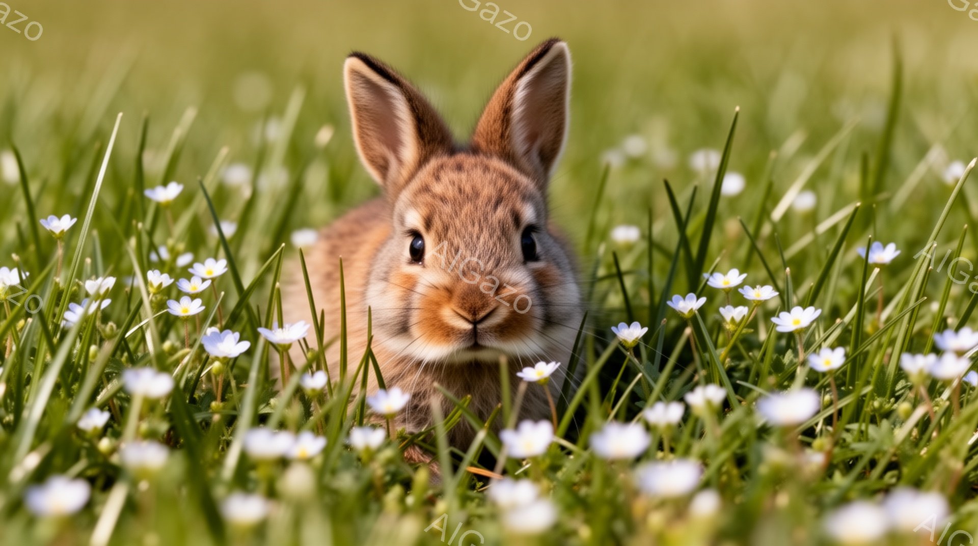 緑の草と白い花の間で、茶色のウサギがこちらを見つめています。ウサギは丸い目をしており、とても可愛らしい印象を与えます。春の暖かい日差しの中で、穏やかな雰囲気が漂っています。 - AI生成フリー素材