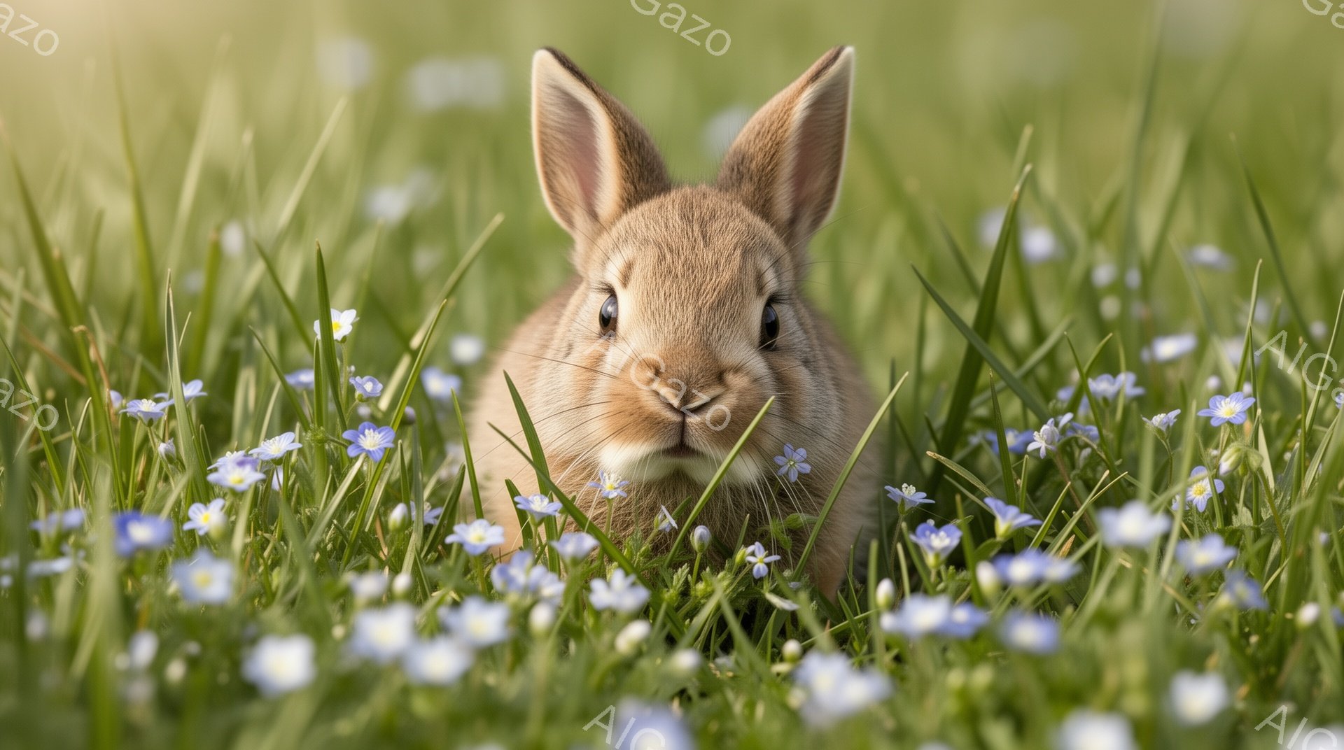 柔らかい毛並みの小さなウサギが、緑の草と青い花の中に隠れている。ウサギは正面を見つめ、好奇心と少しの警戒心を湛えた表情をしている。明るい日差しが差し込み、牧歌的な雰囲気を醸し出している。
