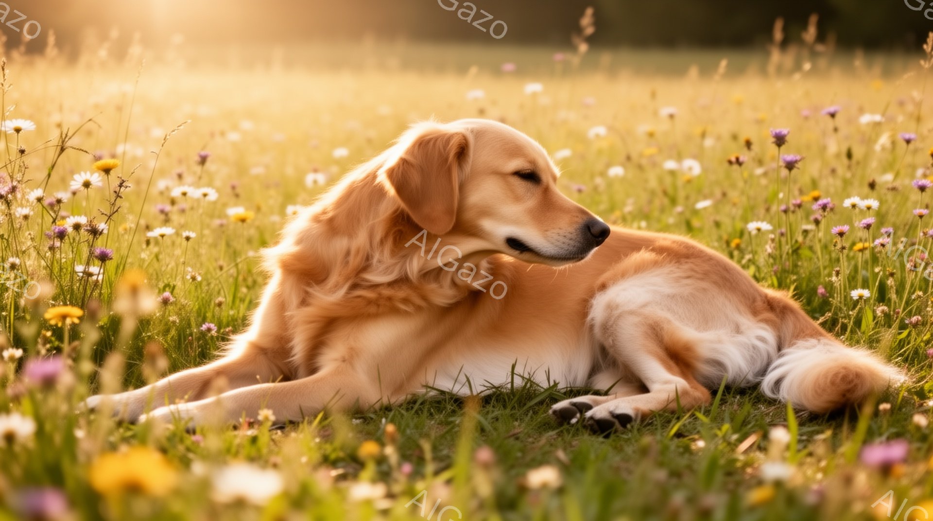 広大な花畑に横たわるゴールデンレトリバーが印象的な画像です。太陽の光が柔らかく降り注ぎ、花々と犬の毛並みを美しく照らしています。穏やかな雰囲気で、自然の中でリラックスした時間を過ごしている様子が伝わっ - AI生成フリー素材