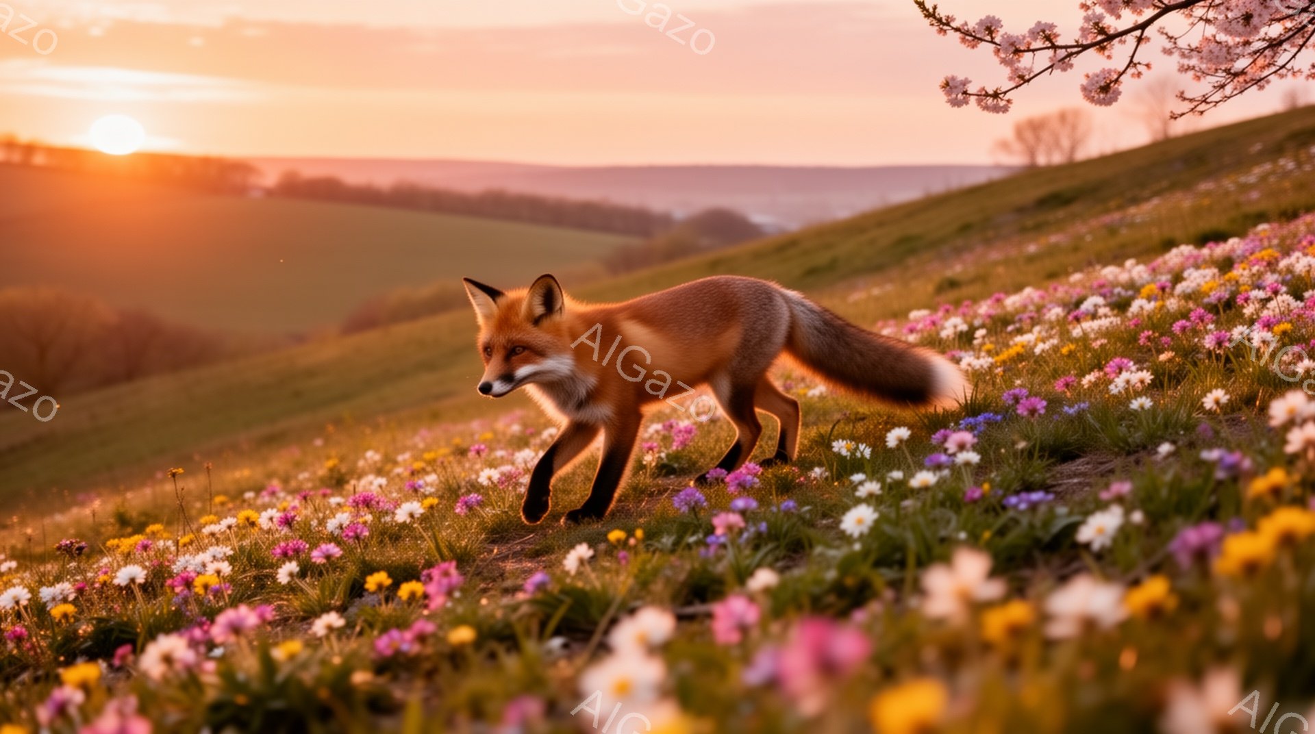 広大な花畑を、一匹の狐が悠々と歩いている。夕焼け空の下、草木がオレンジ色に染まり、暖かく穏やかな雰囲気が漂っている。野原に咲く色とりどりの花々が、狐の美しい毛並みとのコントラストを生み出している。 - AI生成フリー素材