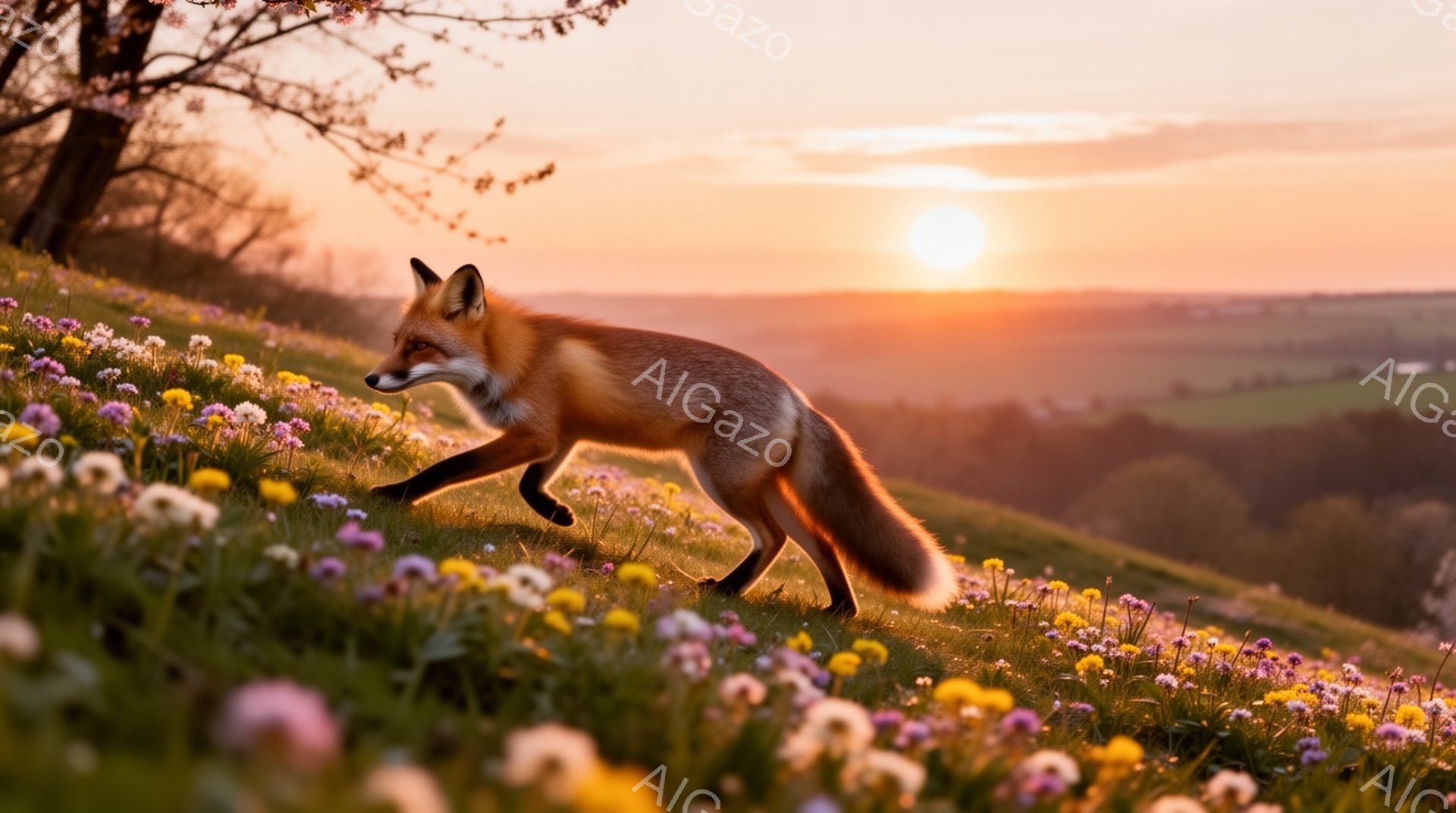 夕焼けを背景に、野原を駆け抜けるキツネが写っています。周囲には色とりどりの花が咲き乱れ、温かく穏やかな雰囲気です。キツネの毛並みは夕日に照らされ、黄金色に輝いています。 - AI生成フリー素材