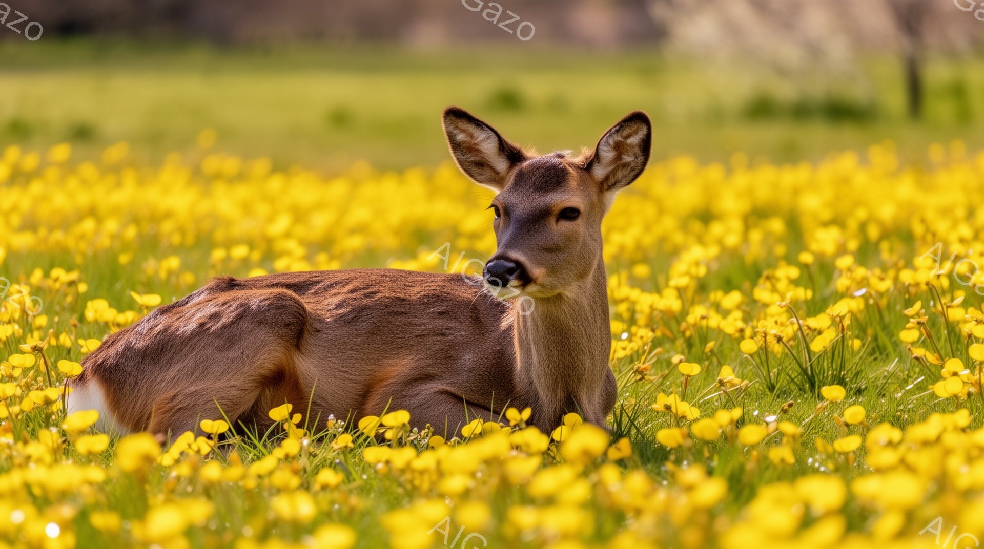 黄色の花畑の中で、若いシカが横たわっています。シカはリラックスした様子で、穏やかな表情をしています。背景には緑の草が生い茂り、春らしい柔らかな光が全体を包んでいます。 - AI生成フリー素材