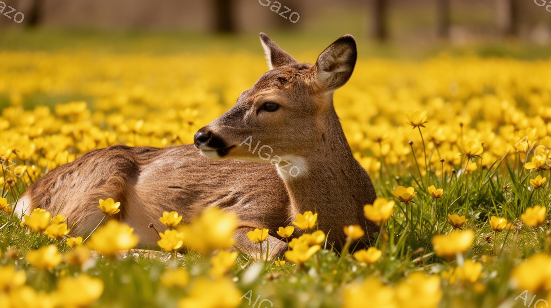 広大な黄色い花畑の中で、シカが横たわって休んでいる。シカはリラックスした様子で、穏やかな春の雰囲気を醸し出している。日差しが優しく、花とシカのコントラストが美しい。 - AI生成フリー素材