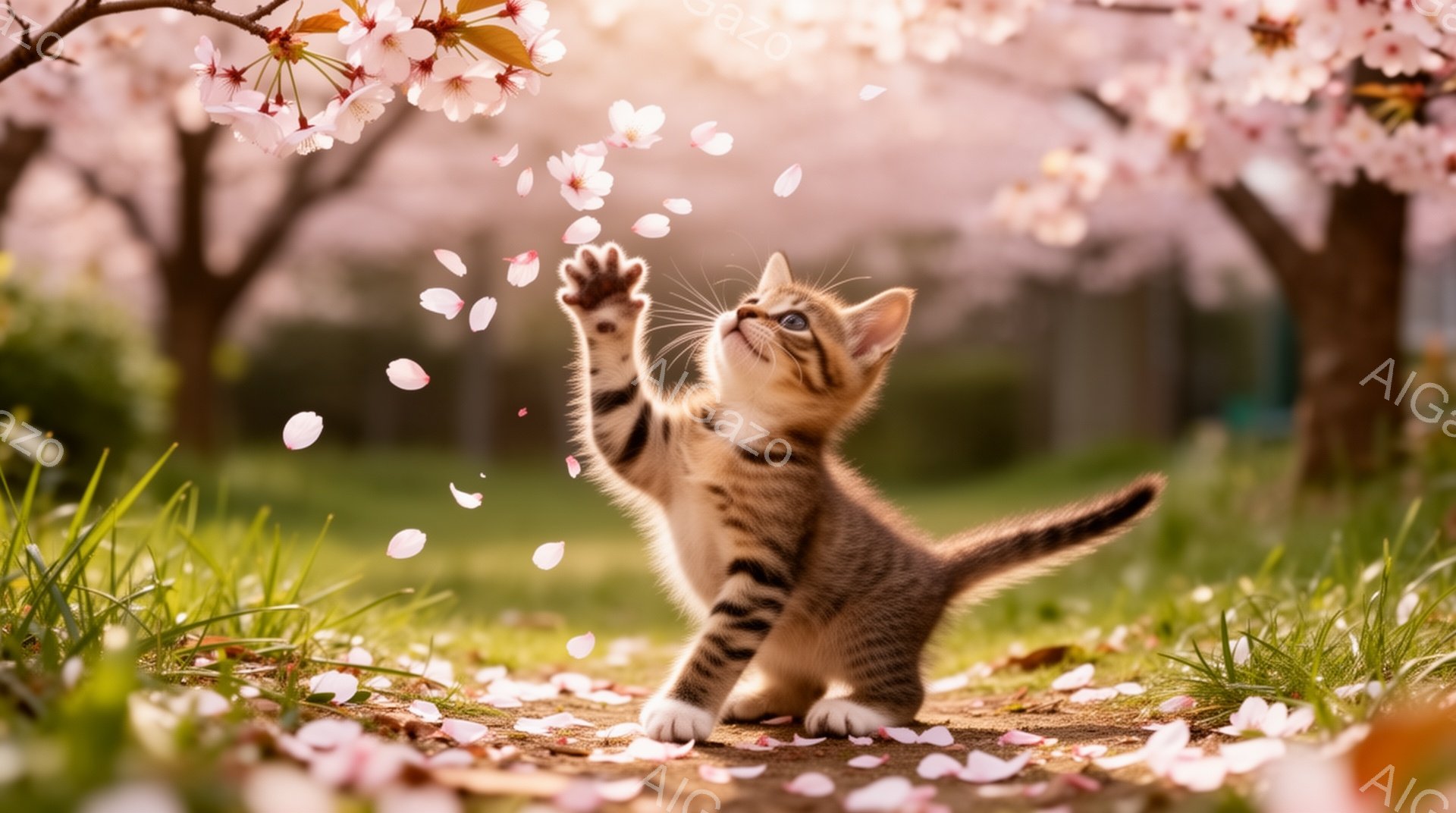 桜の木の下で子猫が前足を伸ばして桜の花びらを追いかけている。背景には緑の草とぼやけた桜並木が見え、春らしい暖かい雰囲気を感じさせる。子猫は遊び心いっぱいの表情で、可愛らしさを強調している。 - AI生成フリー素材