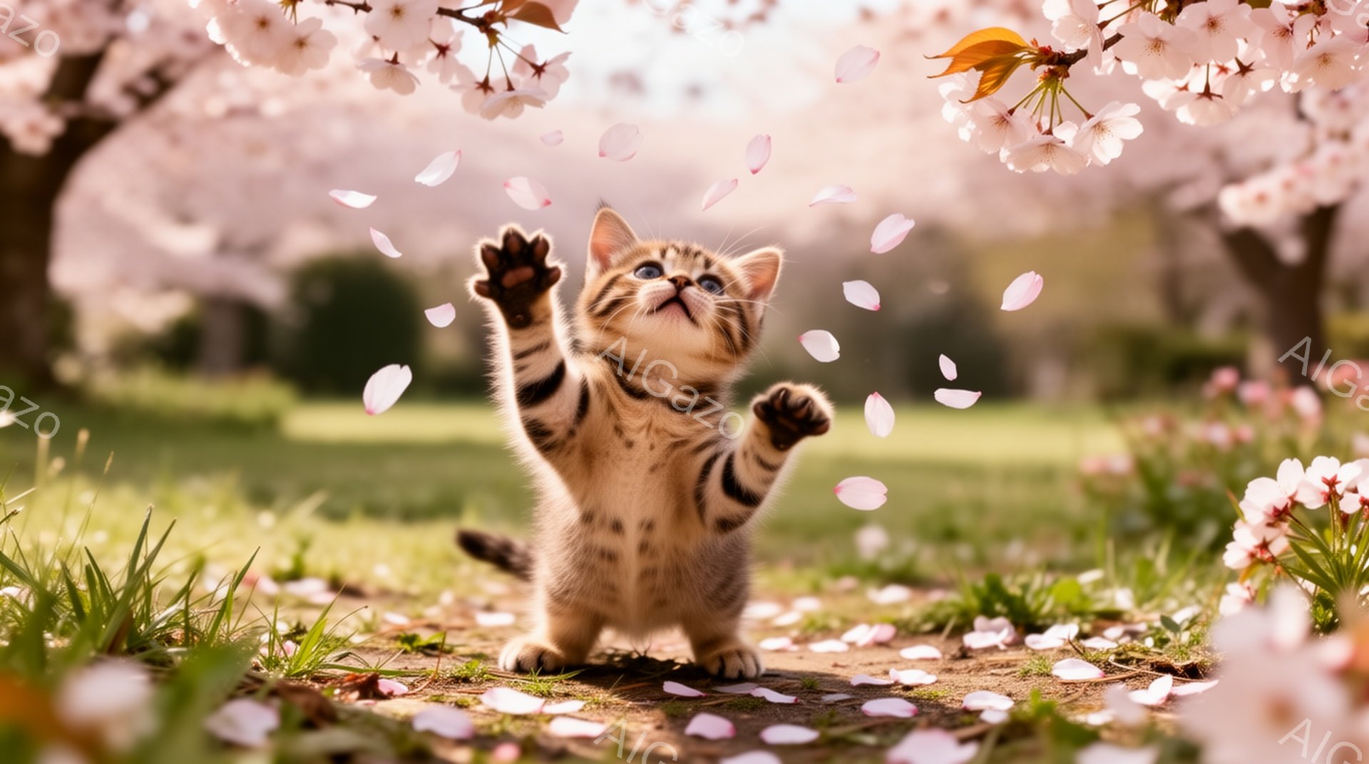 桜の木の下で、子猫が前足で何かをつかもうとしています。ピンク色の桜の花びらが舞い散り、柔らかい光が子猫を照らしています。春の暖かく、遊び心のある雰囲気が感じられます。