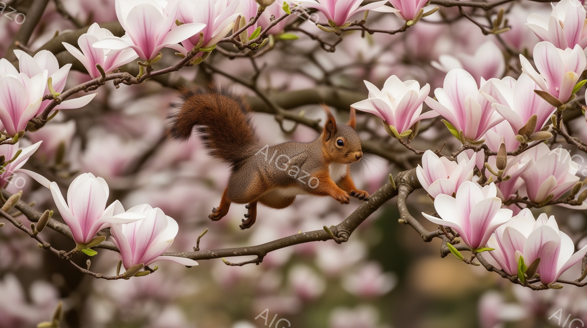 鮮やかなピンク色の木の花の間で、リスが枝を飛び越えている。リスは、ふわふわの尾を立てて、遊び心にあふれた表情で、とても活発に見える。背景の花はぼやけており、リスが中心となって強調されている。