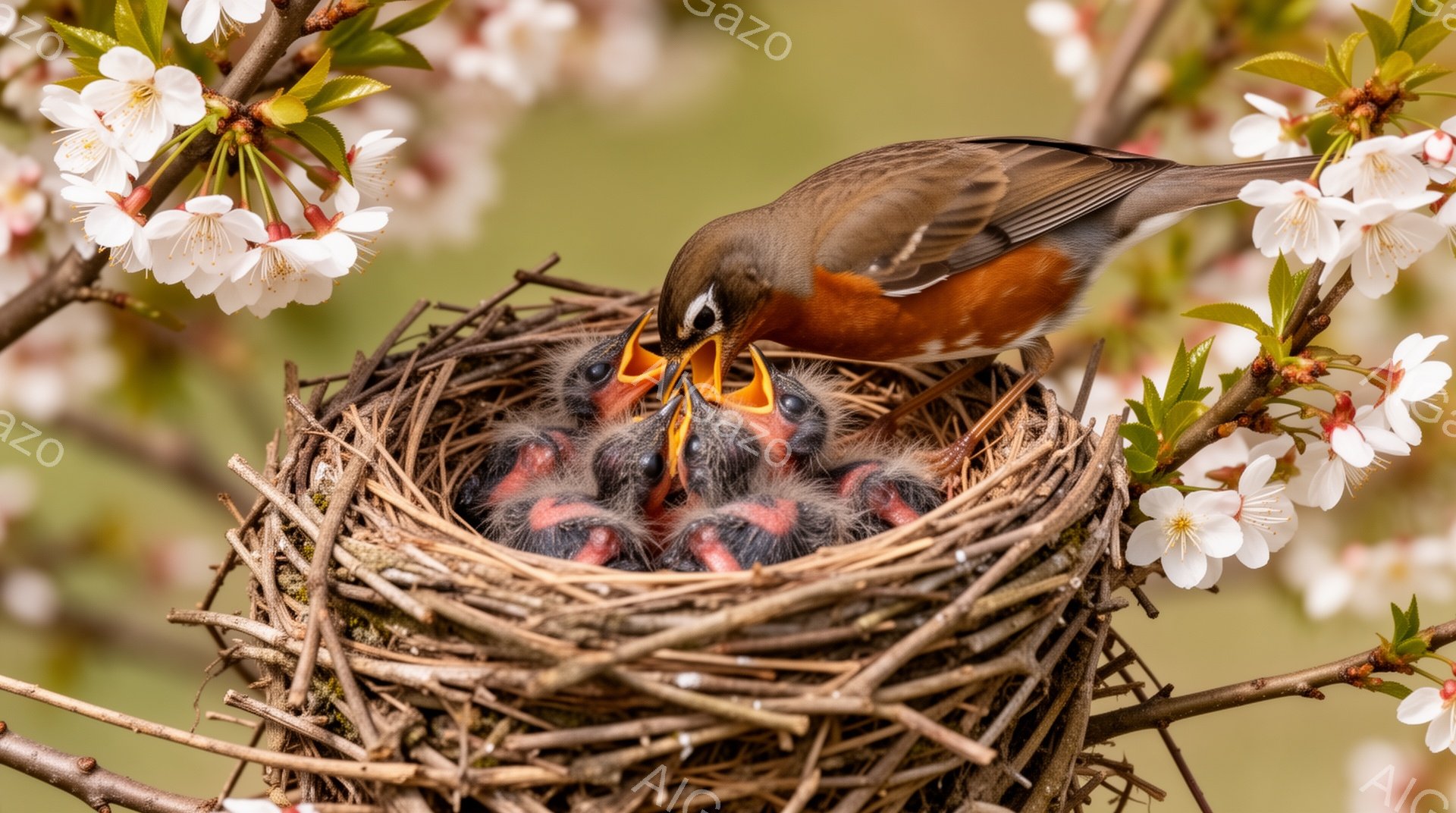 桜の木の枝に作られた巣の中に、親鳥が口を開けた雛鳥たちに餌を運んでいる。雛鳥たちは皆、大きく口を開けて待ち構えており、親鳥の愛情深い姿が印象的だ。背景には桜の花が咲き乱れ、春の穏やかな雰囲気を演出して - AI生成フリー素材