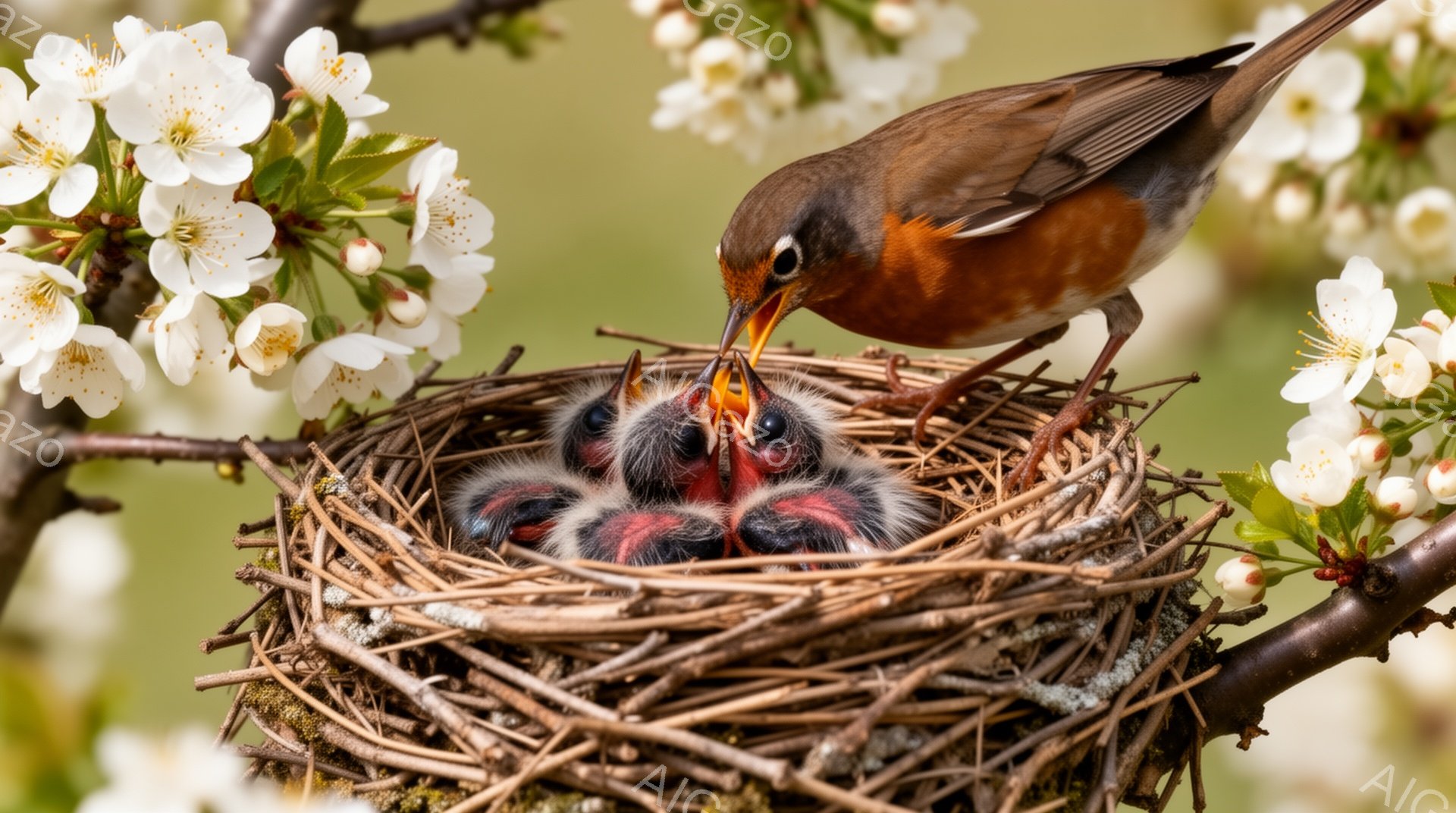桜の木の枝に作られた巣の中に、親鳥が口を開けたヒナたちに餌を与えている。ヒナたちは皆、大きな口を開けて親鳥からの餌を待ちわびており、生命力に満ちた様子が伝わってくる。背景には桜の花が咲き誇り、暖かく穏 - AI生成フリー素材