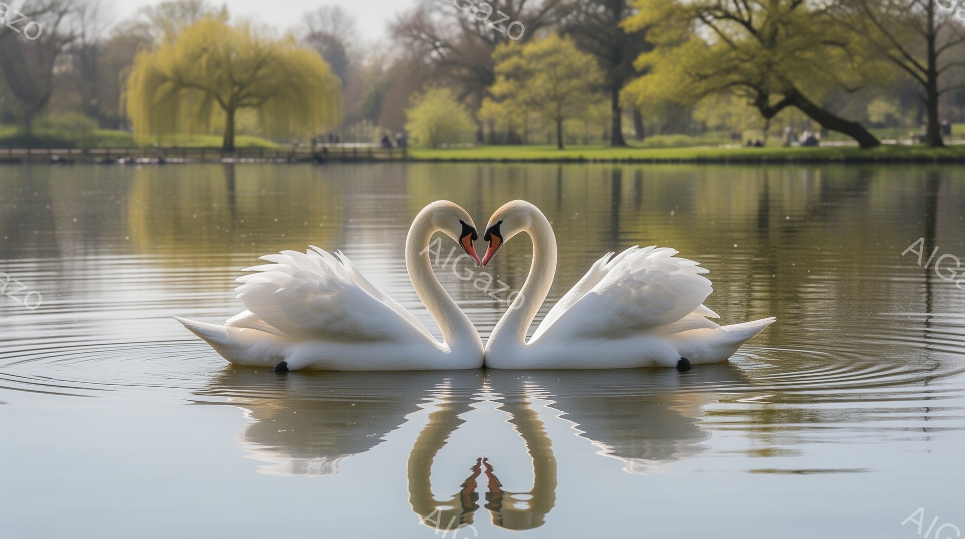 白い白鳥が寄り添い、ハートの形を作って水面を進んでいます。背景には緑豊かな木々と穏やかな水面が広がり、春の穏やかな雰囲気が伝わってきます。水面には白鳥の美しい反射が映り込み、ロマンチックな光景を作り出 - AI生成フリー素材