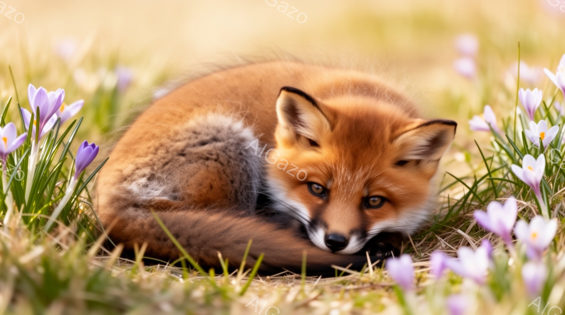 鮮やかな紫色のクロッカスに囲まれた、毛並みの美しいキツネが丸まっている。キツネは落ち着いた表情で、穏やかな春の光の中でリラックスしている様子が伺える。背景には緑の草が生い茂り、暖かく柔らかな雰囲気が漂っている。