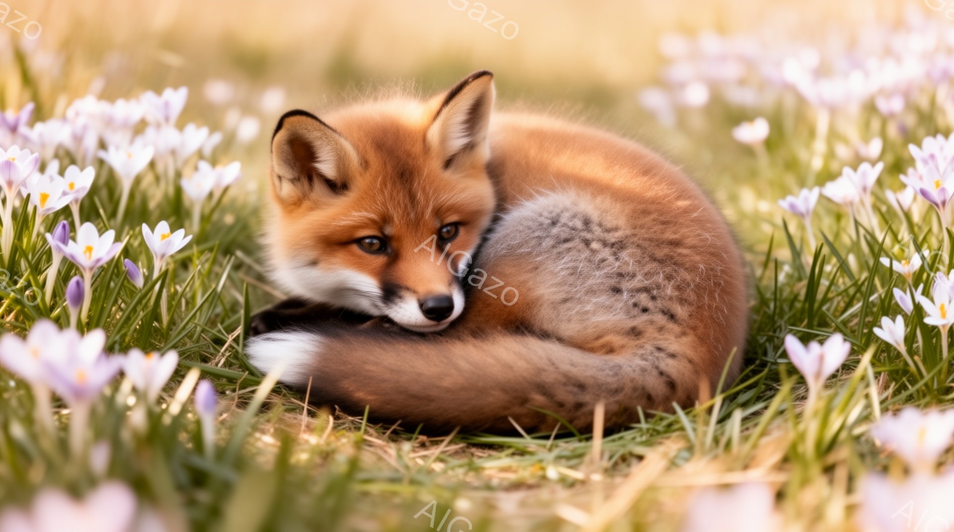 明るい緑の草の上に、赤褐色のキツネが丸まって眠っている。その周りには紫色のクロッカスが咲き乱れ、春の穏やかな雰囲気を醸し出している。キツネの毛並みは艶やかで、表情はリラックスしている。