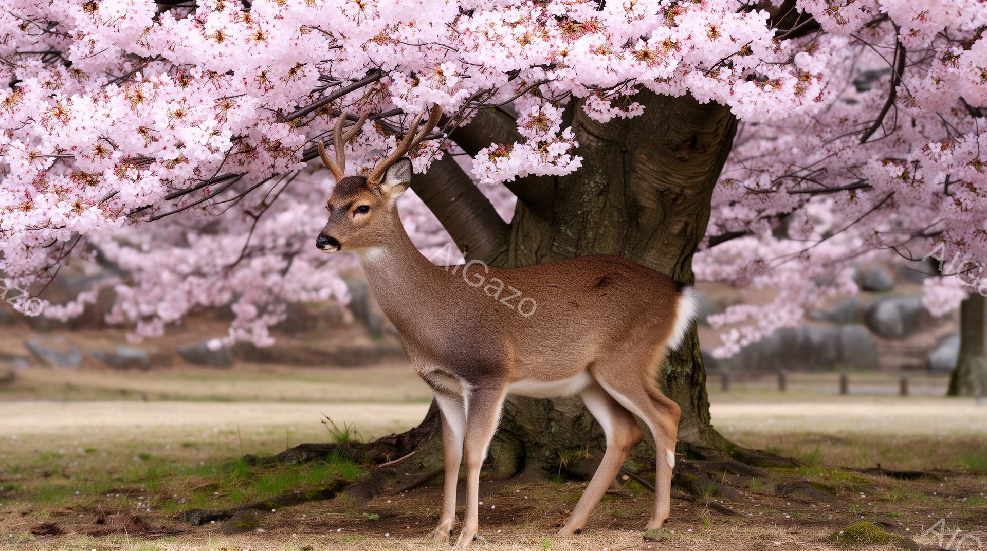 桜の木の下に若い鹿が立っている。周りの芝生は緑で、背景にはぼやけた風景が広がり、春の穏やかな雰囲気が漂っている。鹿は静かにこちらを見つめ、平和で穏やかな様子を表している。 - AI生成フリー素材