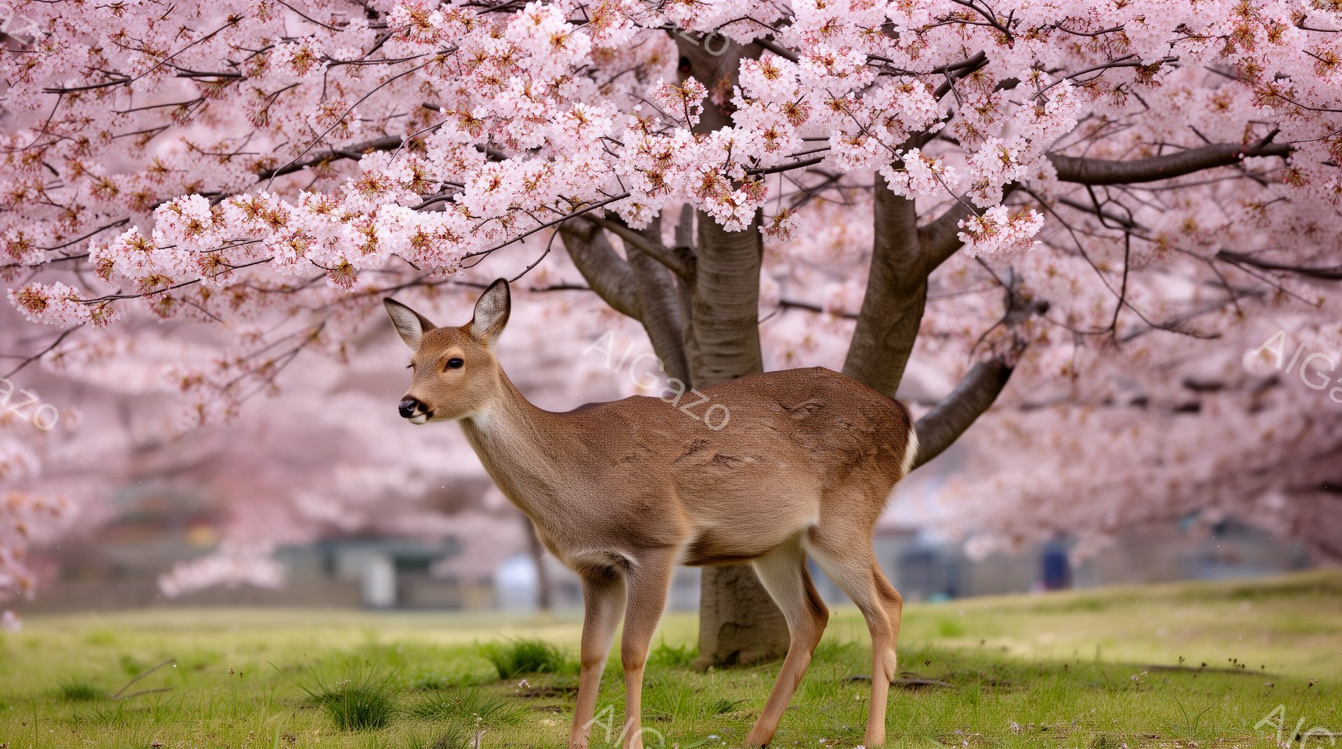 桜並木の中に一匹の鹿が立っている。柔らかいピンク色の花びらが背景を彩り、春の穏やかな雰囲気を醸し出している。鹿は落ち着いた表情で、こちらを見ているように見える。 - AI生成フリー素材