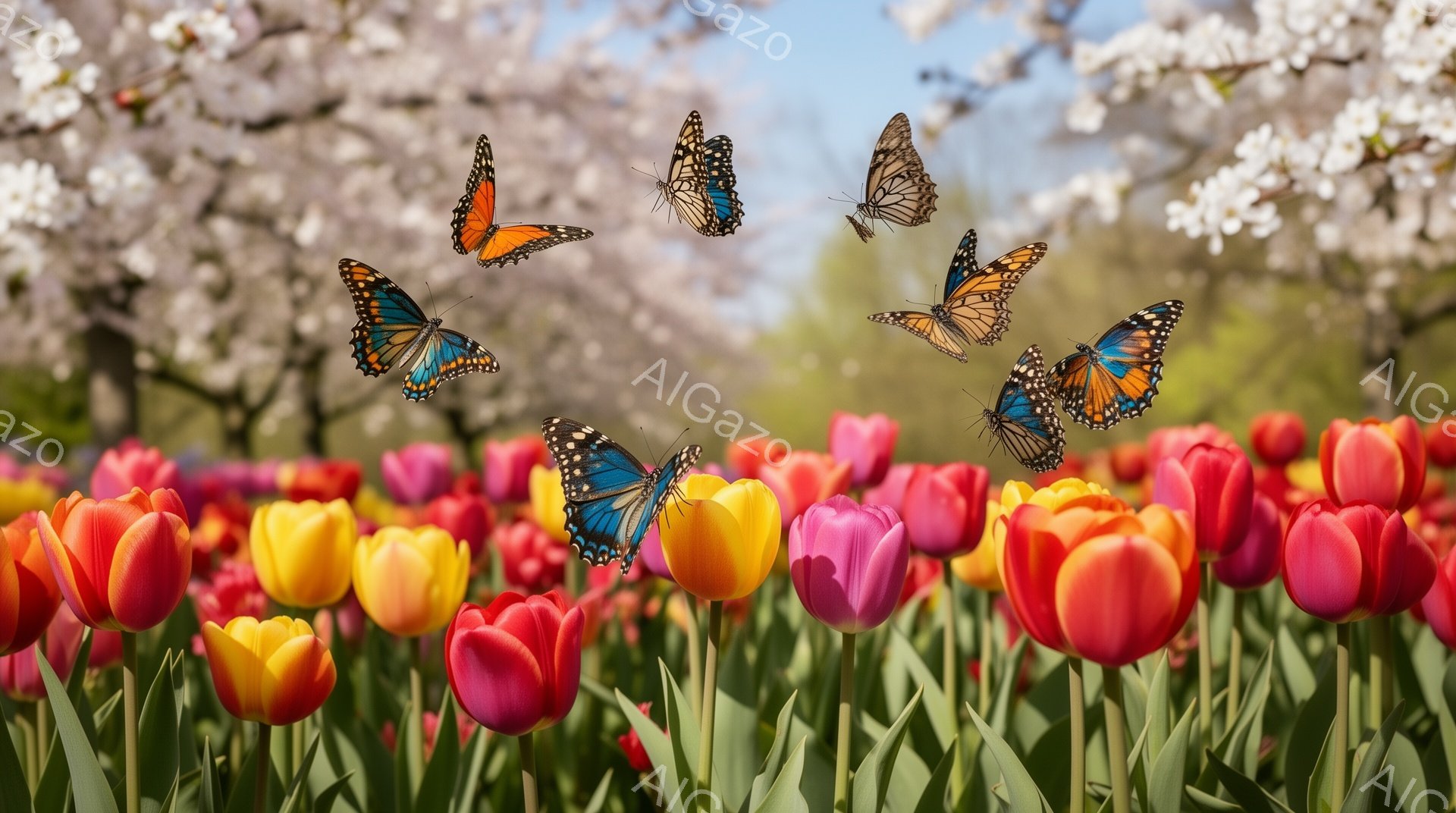 チューリップ畑で蝶が舞っている美しい風景です。背景には桜の木が咲き誇り、春の暖かさと生命力を感じさせます。鮮やかな色のコントラストが、見る人に喜びと安らぎを与えます。 - AI生成フリー素材