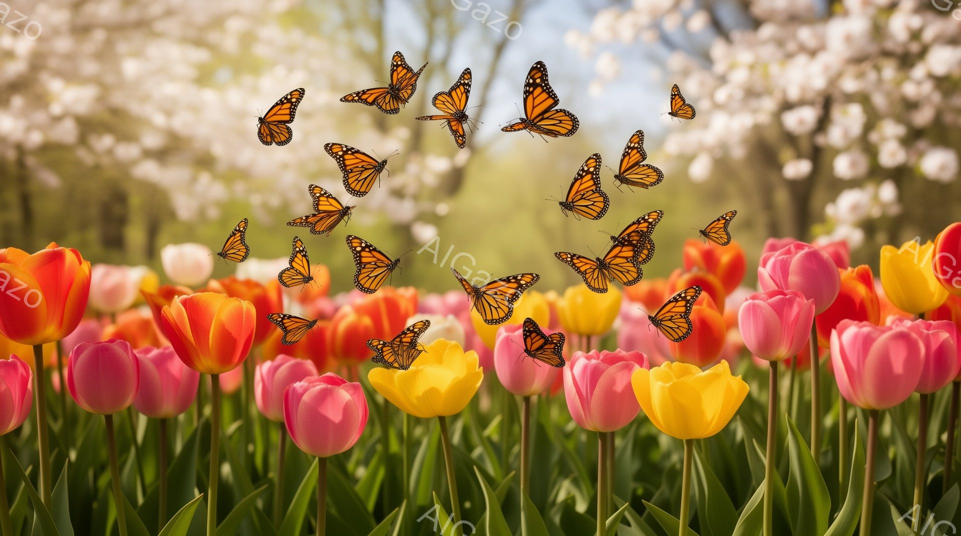 色とりどりのチューリップの花畑の中に、たくさんの蝶が舞っている様子が描かれています。背景には、ぼんやりと桜の木が見え、春の暖かい日差しを感じさせる明るい雰囲気です。花と蝶の鮮やかな色彩が、生命力と希望に満ちた印象を与えます。