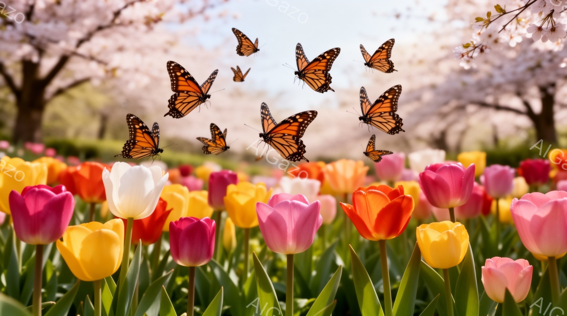 色とりどりのチューリップが咲き乱れ、背景には桜の木が見えます。オレンジと黒の蝶が複数舞っており、春の暖かさと活気に満ちた雰囲気が伝わってきます。光が柔らかく、穏やかな一日を予感させます。 - AI生成フリー素材