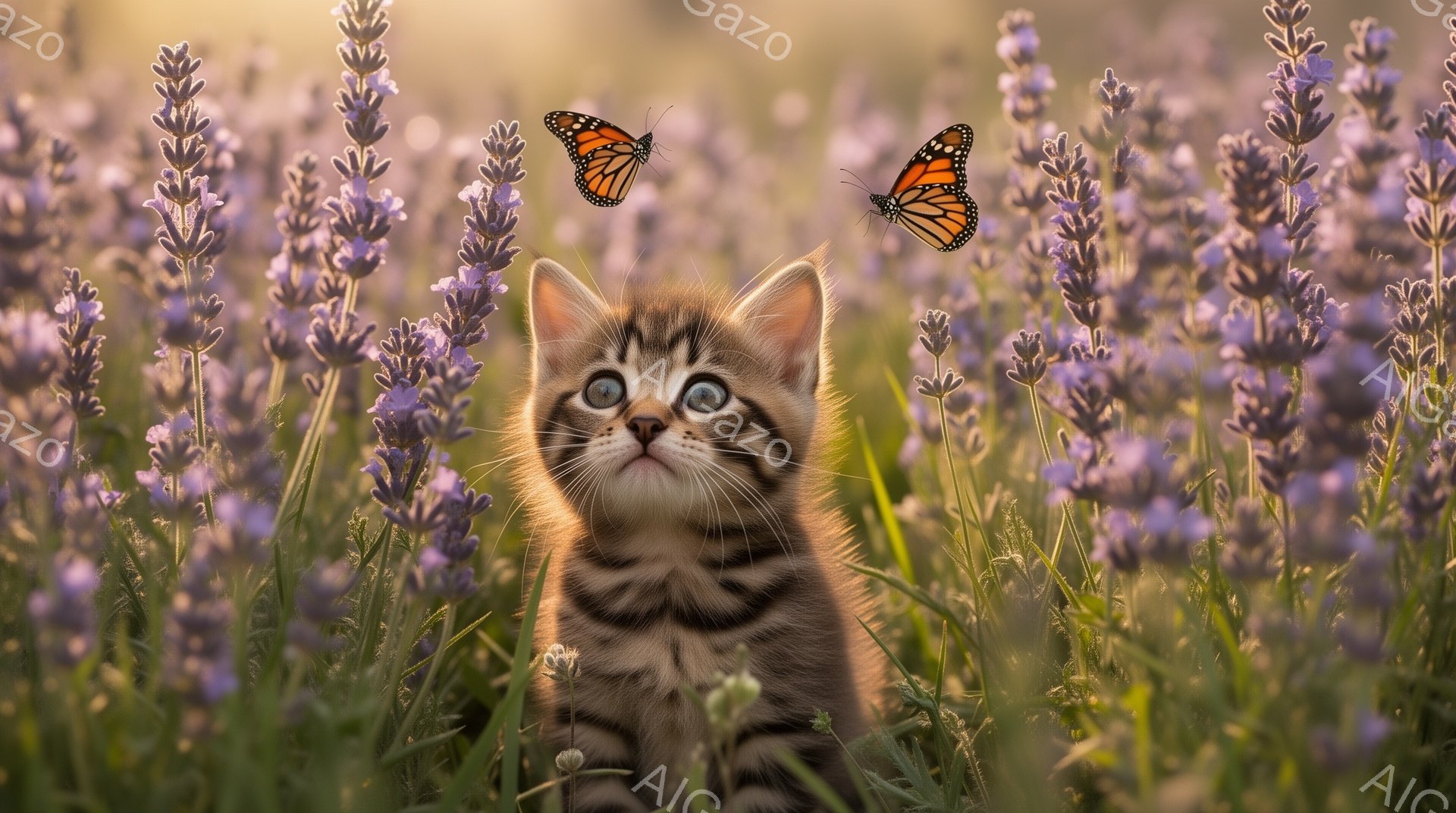 小さな縞模様の子猫がラベンダー畑の中で見上げている。 蝶が２匹、子猫の周りを舞い、温かい夕日の光が降り注いでいる。 美しく穏やかな雰囲気が漂う。