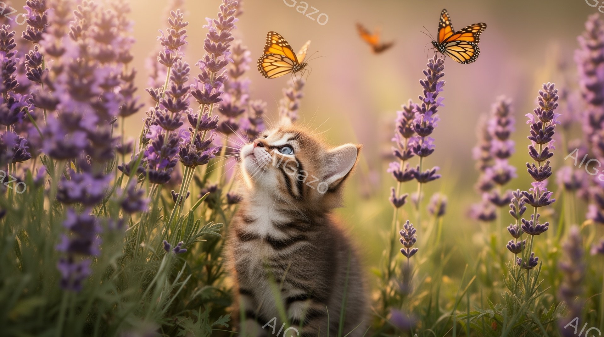 若い縞模様の猫がラベンダー畑の中で蝶を見上げている。太陽の光が優しく降り注ぎ、暖かく穏やかな雰囲気を醸し出している。猫の瞳には好奇心と遊び心が映し出されている。