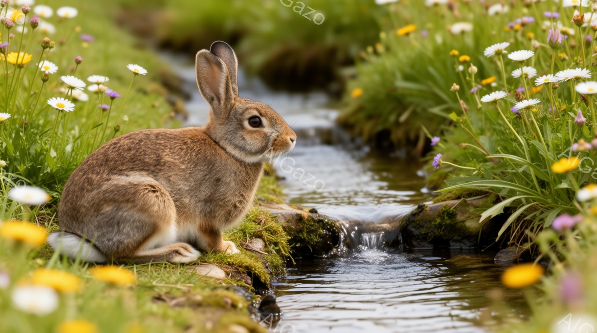 緑豊かな草地のそばを流れる小川のほとりに、可愛らしい茶色のウサギが座っています。ウサギは注意深く前を見つめ、その毛並みは自然光の中で美しく輝いています。周囲には、鮮やかな黄色の花や白いデイジーが咲き乱 - AI生成フリー素材