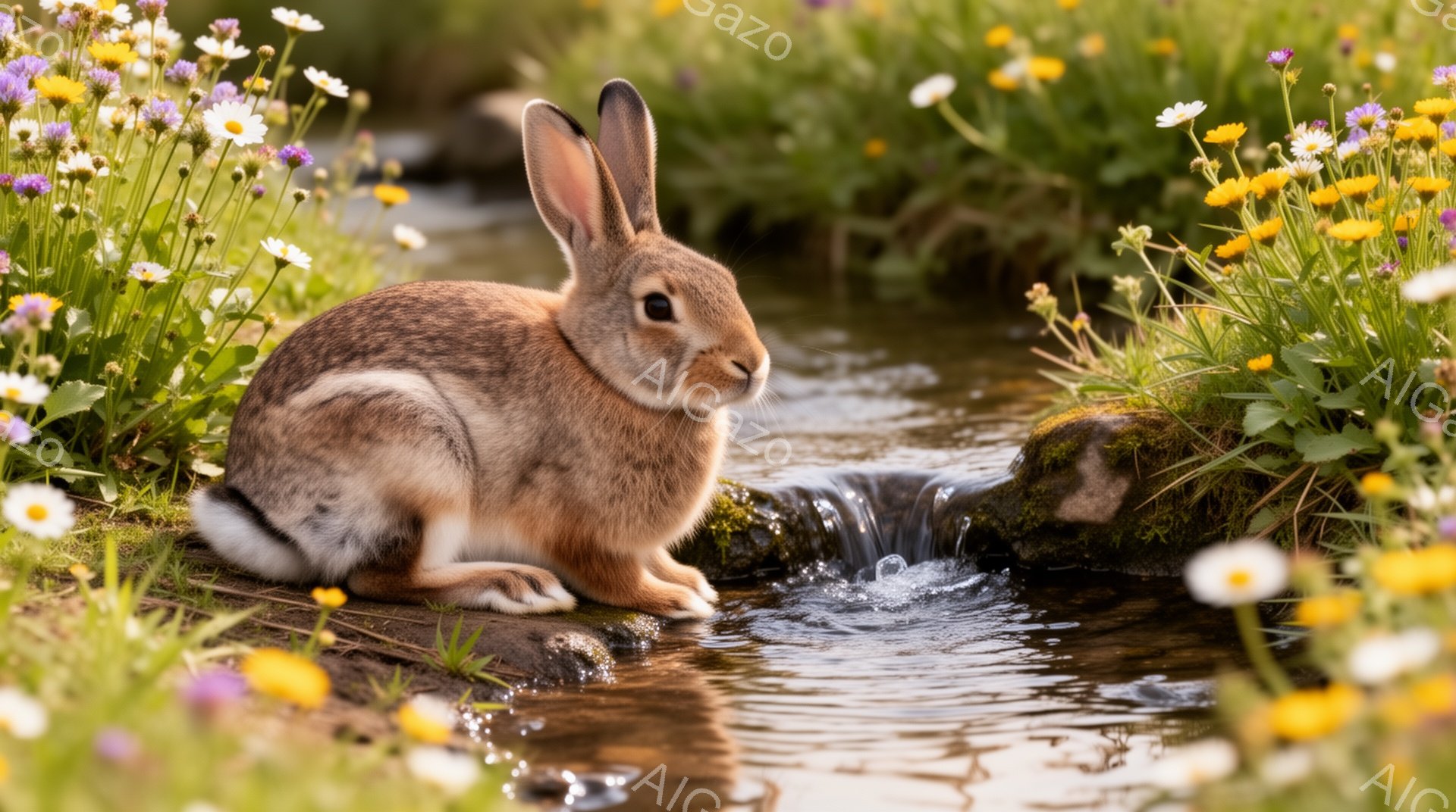 小さなウサギが小川のほとりで座っています。周りには黄色や白の小さな花が咲き乱れ、自然豊かな風景が広がっています。ウサギはリラックスした様子で、穏やかな雰囲気を醸し出しています。 - AI生成フリー素材