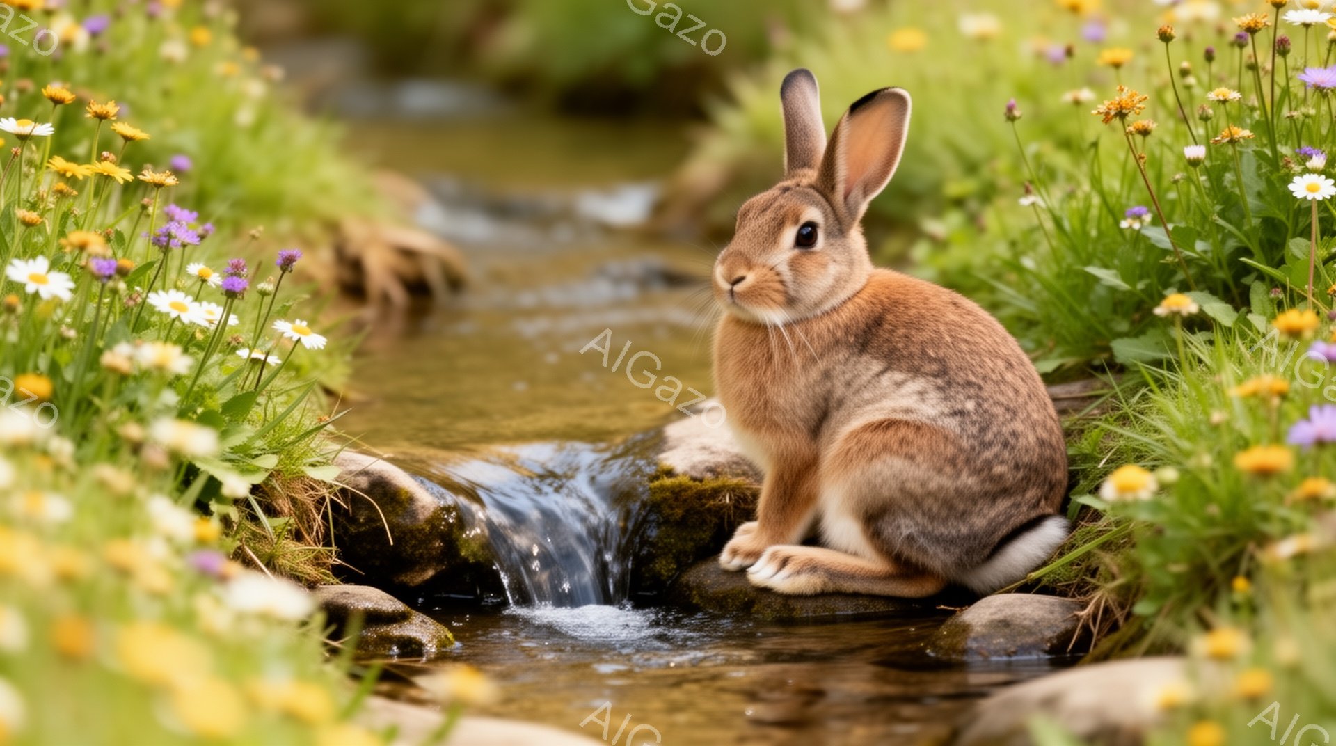 岩のそばの小川の横に座っている茶色のウサギがいます。周りには色とりどりの花が咲き乱れ、暖かく穏やかな雰囲気です。ウサギはリラックスした様子で、まるで自然の中で平和に暮らしているようです。 - AI生成フリー素材