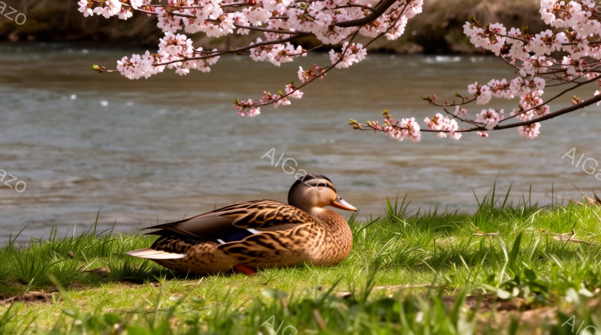 緑の草の上にアヒルが横たわっており、その背中は美しい模様で覆われています。背景には穏やかな水面と、満開の桜の枝が優雅に垂れ下がっており、春の穏やかな雰囲気を醸し出しています。柔らかな光が全体を包み込み - AI生成フリー素材