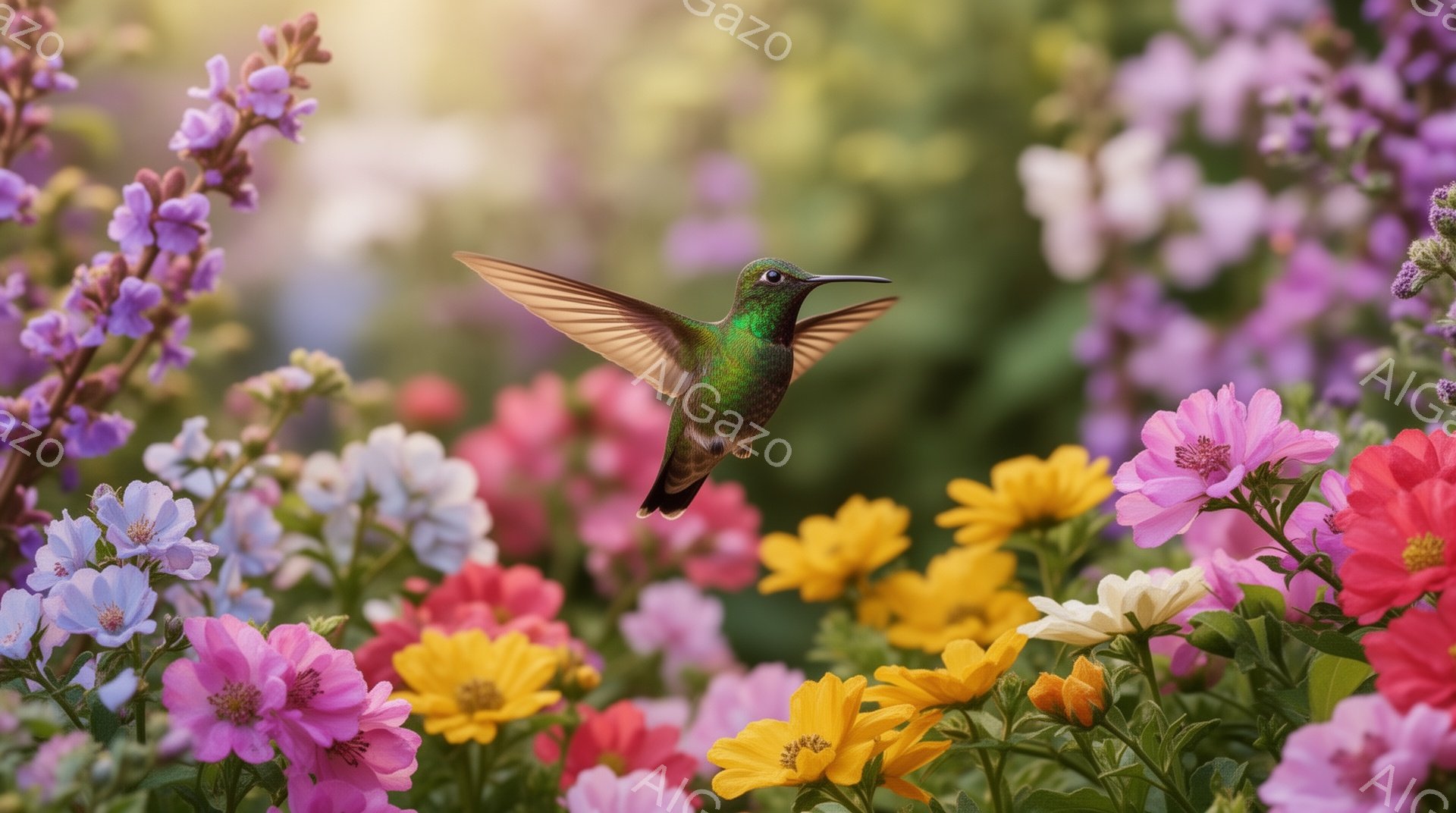 色鮮やかな花々が咲き乱れる花壇の中で、エメラルドグリーンのハチドリが花から花へと飛び交っている。太陽光が差し込み、背景は柔らかくぼやけており、自然の美しさを強調している。ハチドリの羽は動きが速く、まる - AI生成フリー素材